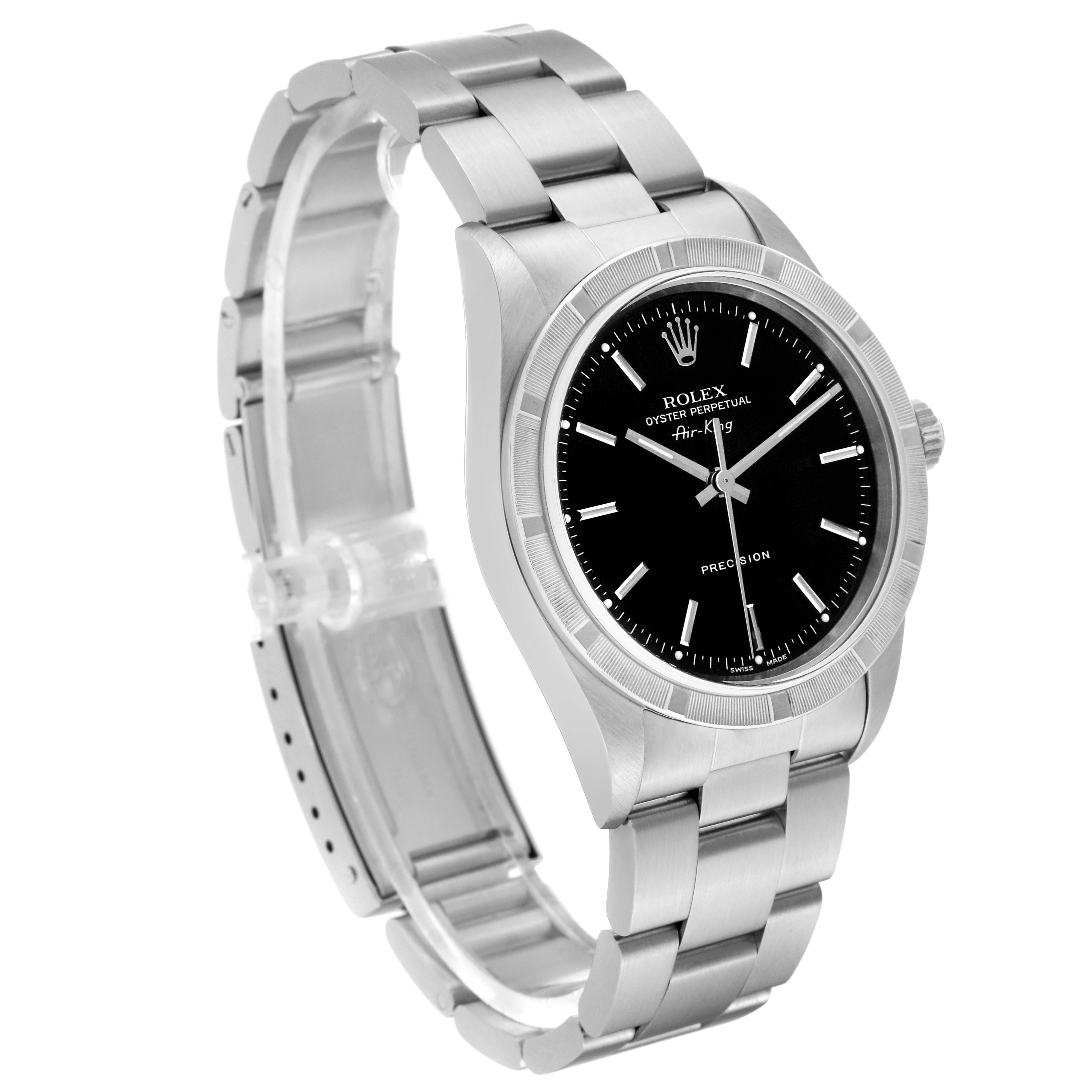 This image shows the Rolex Air-King 14010 Men's Stainless Steel Black Dial 14010 Men's Stainless Steel Black Dial watch at a three-quarter angle, highlighting the face, bezel, bracelet, and clasp.