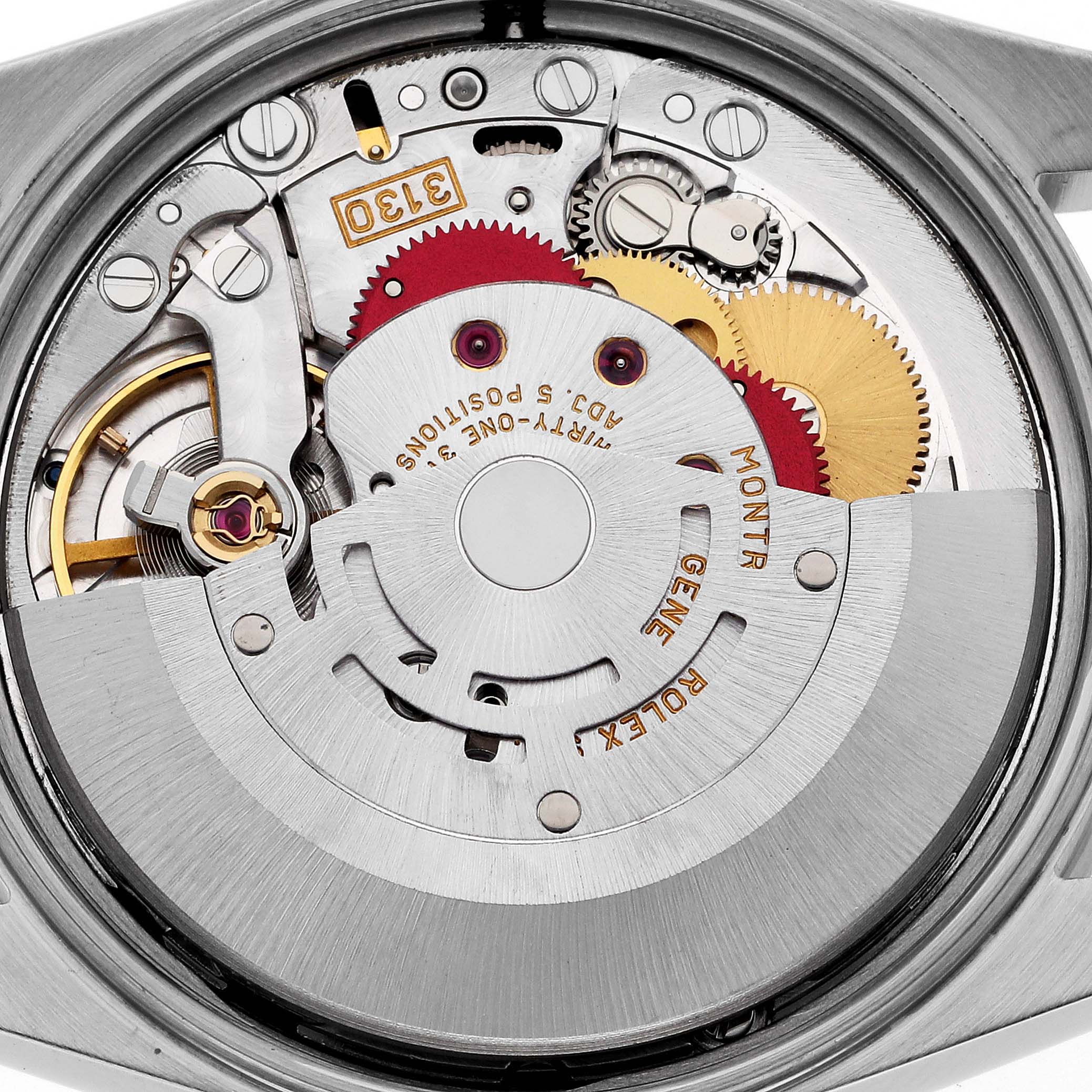 This image shows the internal mechanism of a Rolex Air-King 14010 Men's Stainless Steel Black Dial 14010 Men's Stainless Steel Black Dial watch from a rear angle, highlighting its intricate gears and components.