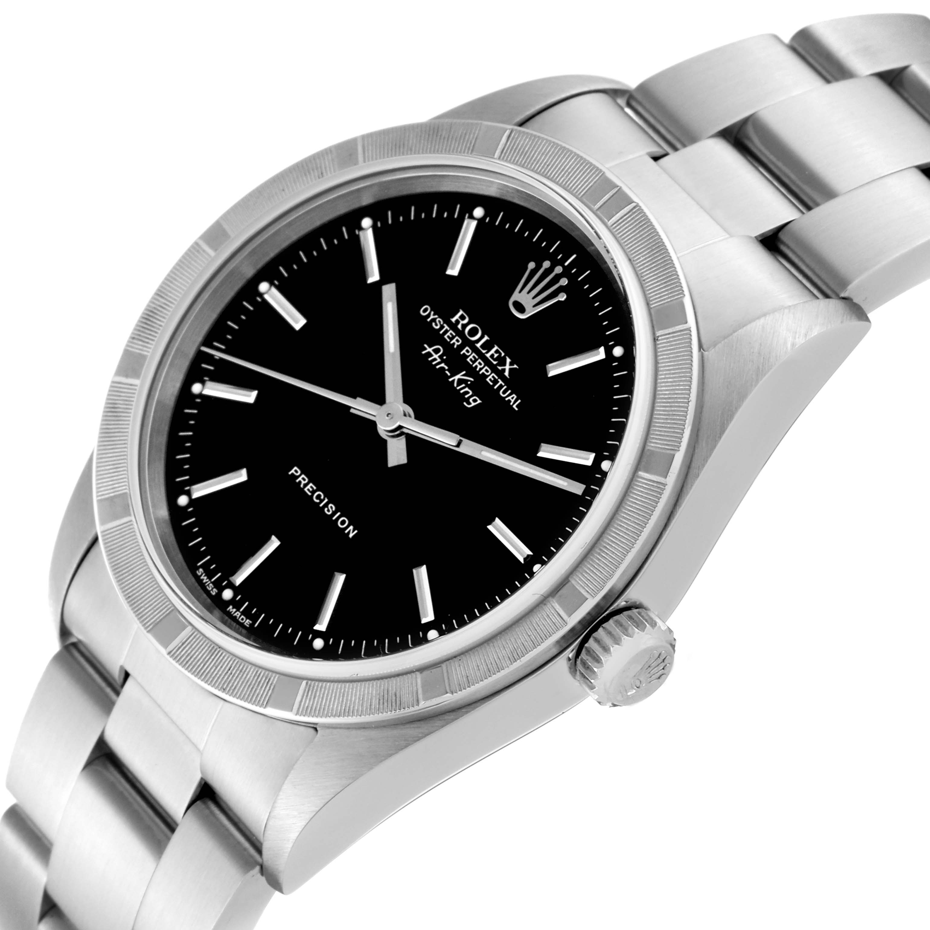 The image shows the Rolex Air-King 14010 Men's Stainless Steel Black Dial 14010 Men's Stainless Steel Black Dial watch from an angled close-up, highlighting its black dial, bezel, crown, and part of the bracelet.