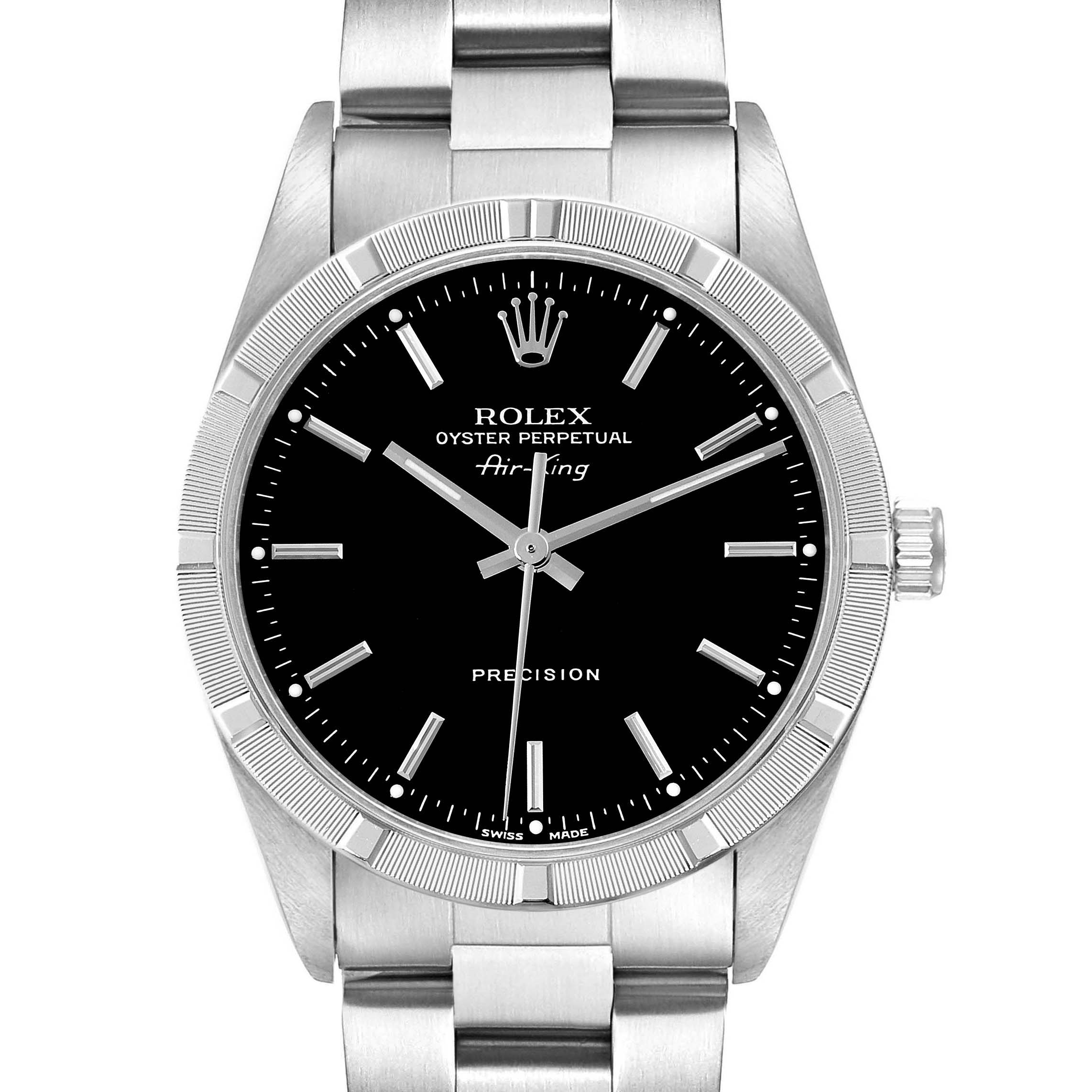 The image shows a front view of the Rolex Air-King 14010 Men's Stainless Steel Black Dial 14010 Men's Stainless Steel Black Dial watch, featuring its dial, bezel, case, and part of the bracelet.