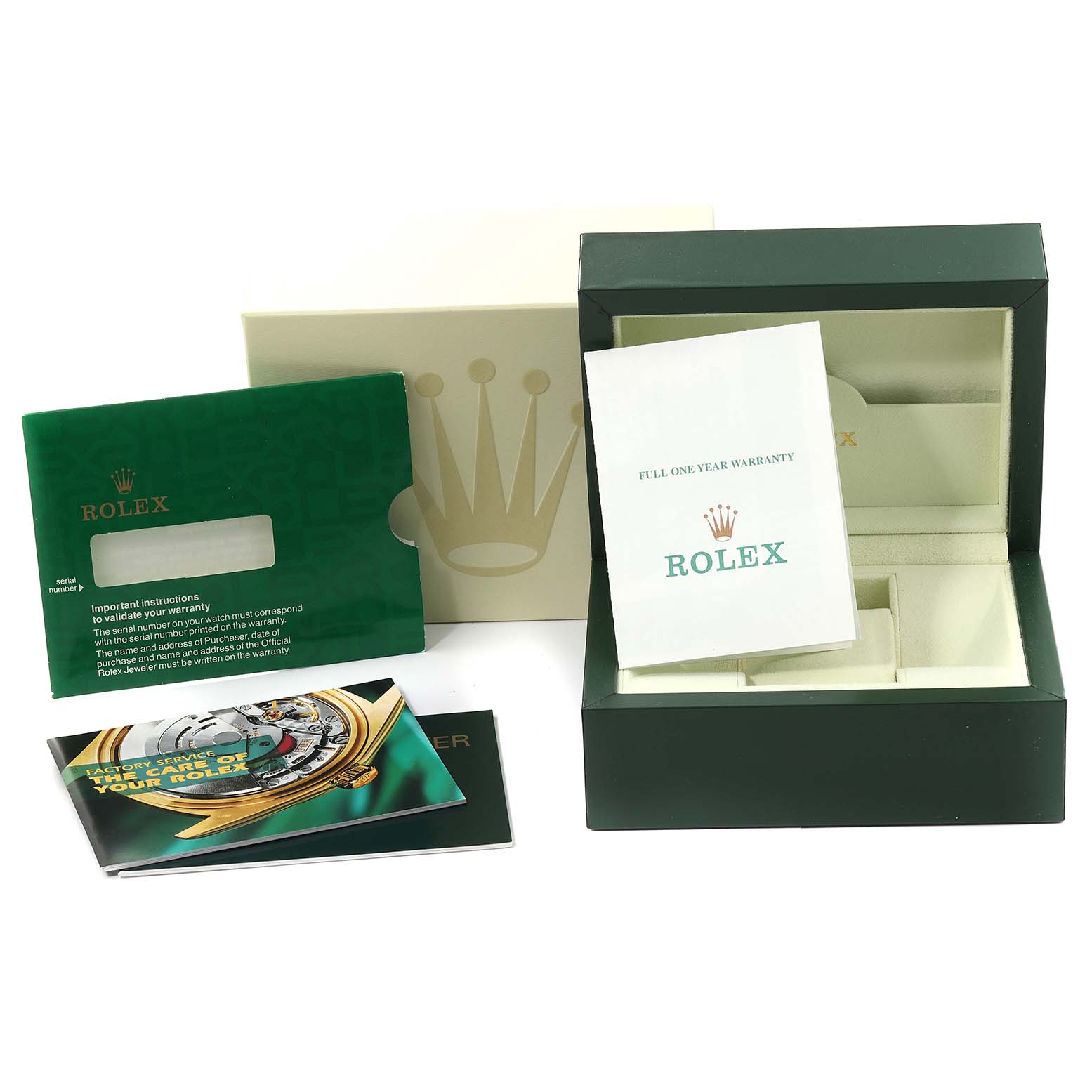 The image shows the packaging and accessories for a Rolex Air-King 14010 Men's Stainless Steel Black Dial 14010 Men's Stainless Steel Black Dial model, including the instruction booklet, warranty card, and watch box.