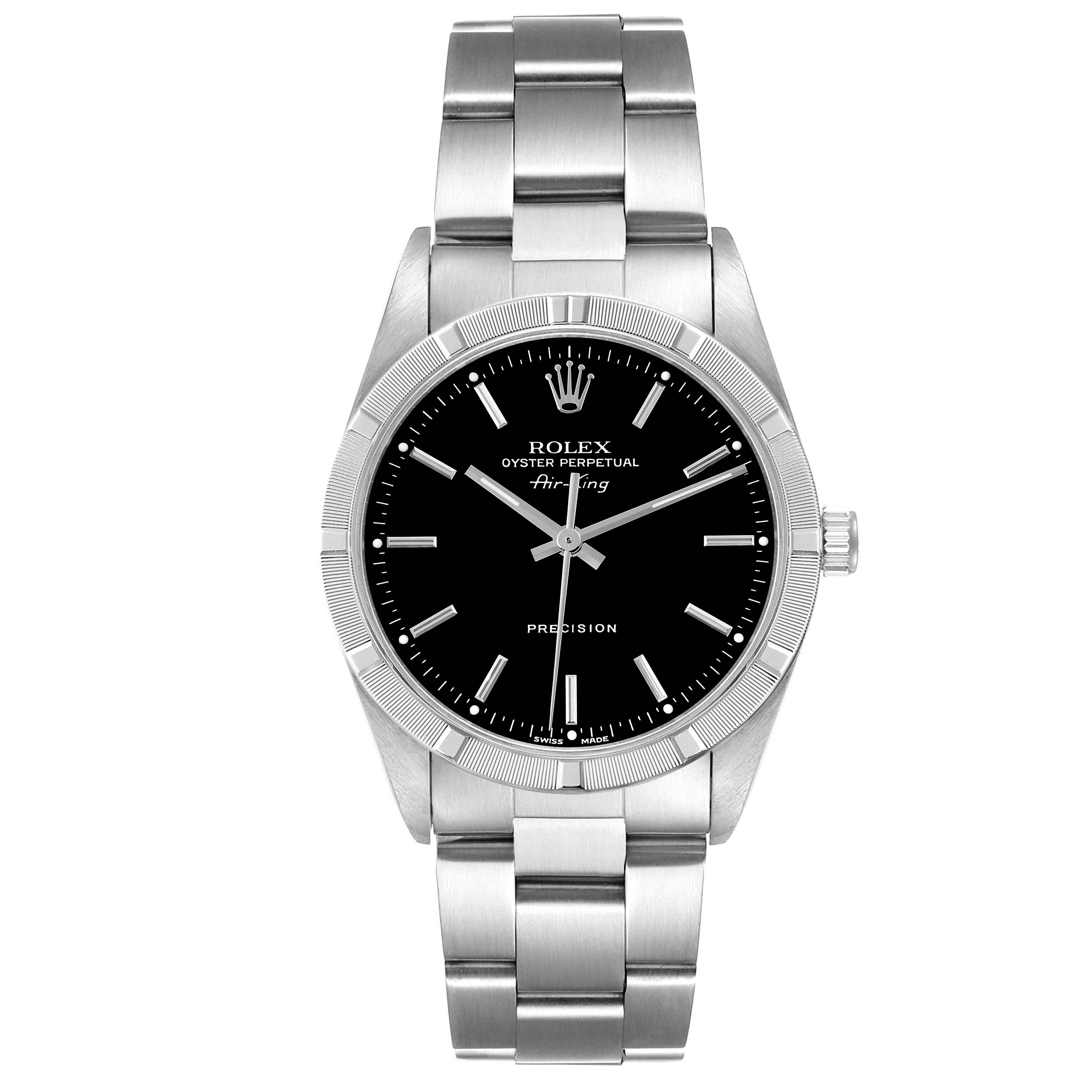 The Rolex Air-King 14010 Men's Stainless Steel Black Dial 14010 Men's Stainless Steel Black Dial watch is shown from a front angle, displaying the dial, bezel, crown, and bracelet.