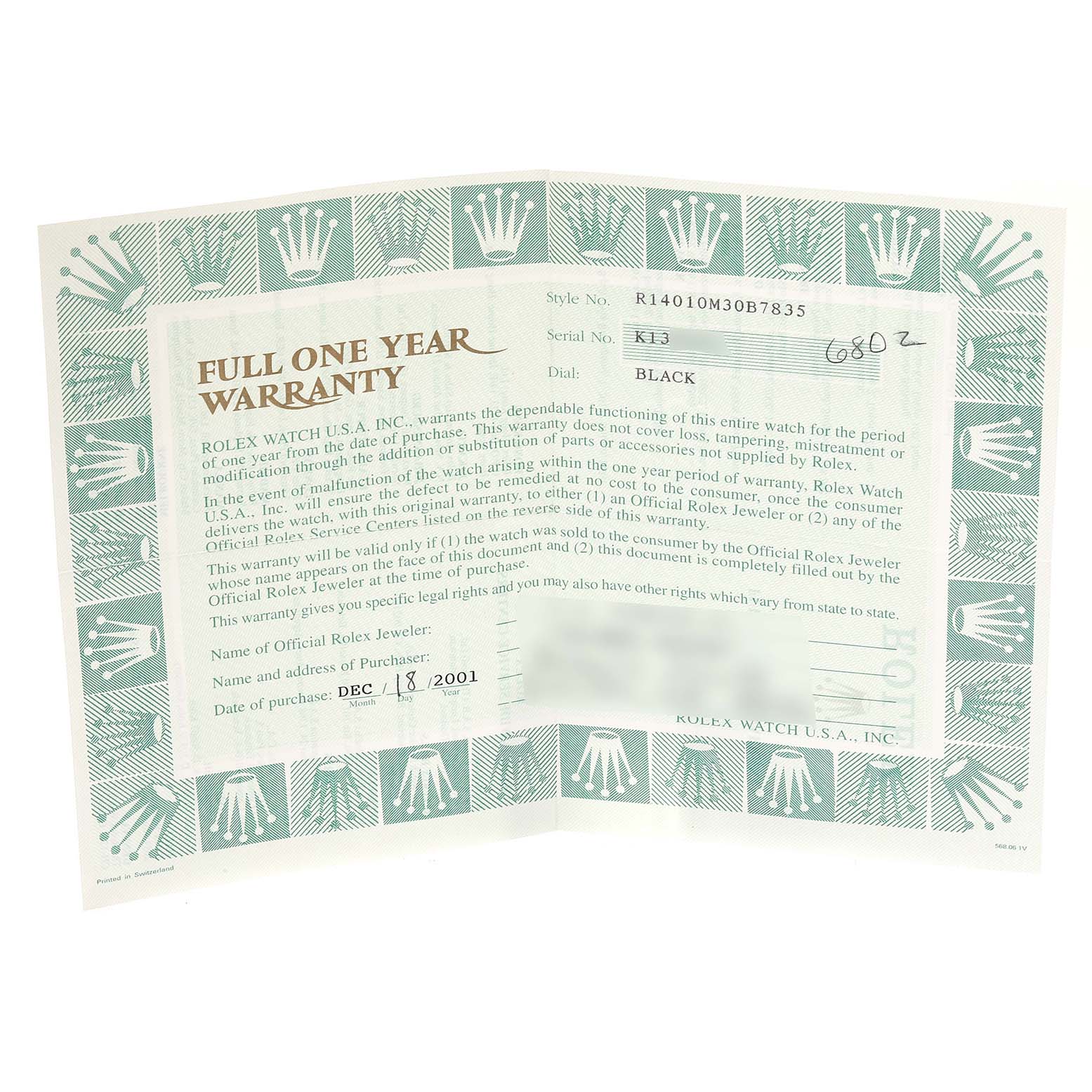 This is a full one-year warranty card for a Rolex Air-King 14010 Men's Stainless Steel Black Dial 14010 Men's Stainless Steel Black Dial watch, detailing style, serial number, and purchase date.