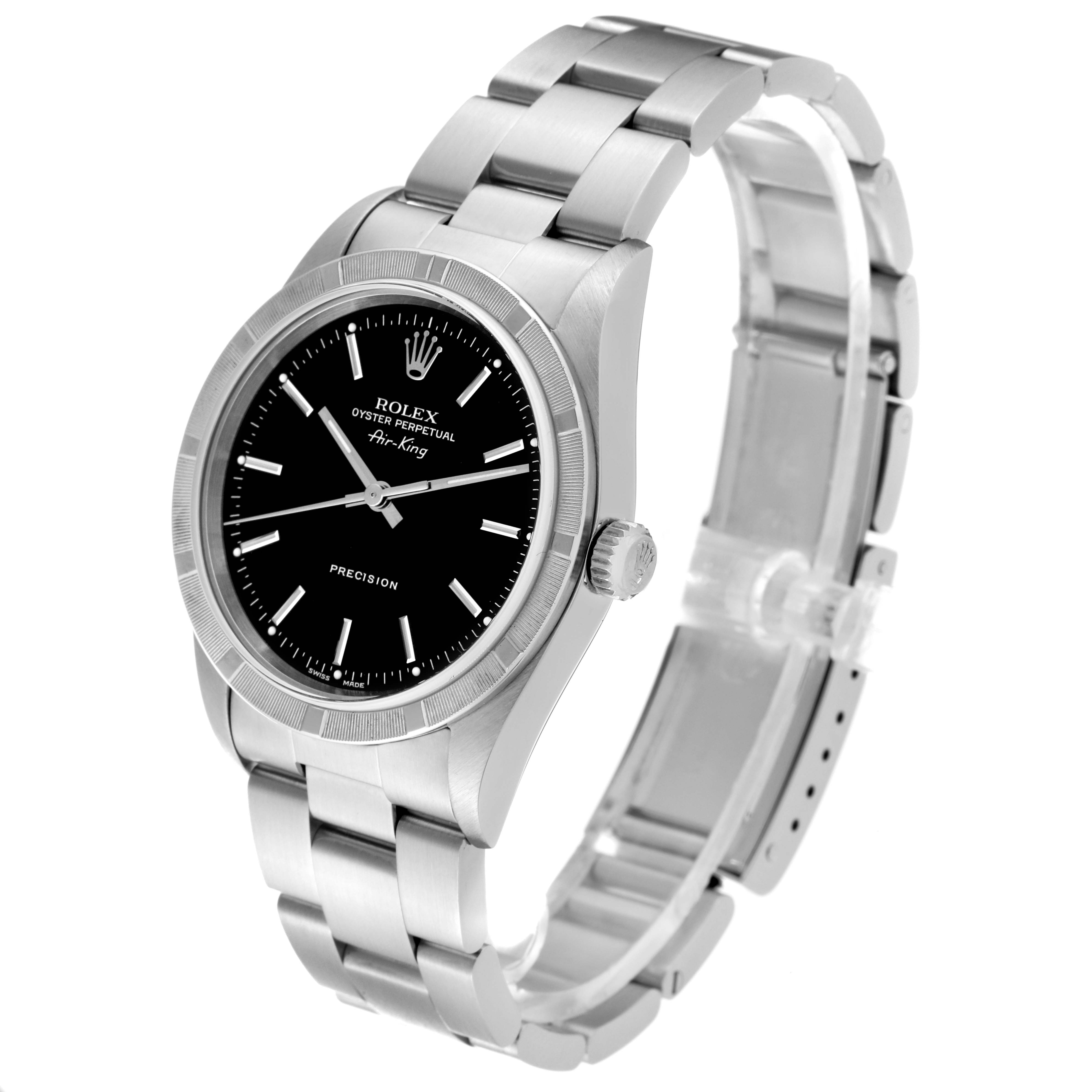 The Rolex Air-King 14010 Men's Stainless Steel Black Dial 14010 Men's Stainless Steel Black Dial watch is shown at a slight angle, highlighting its face, bezel, bracelet, and crown.