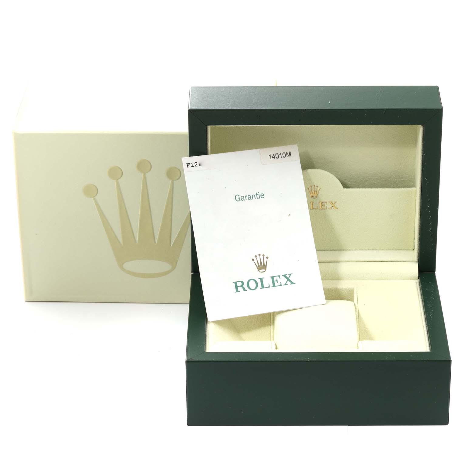 The image shows the packaging and warranty card of a Rolex Air-King 14010 Men's Stainless Steel Silver Dial 14010 Men's Stainless Steel Silver Dial watch.