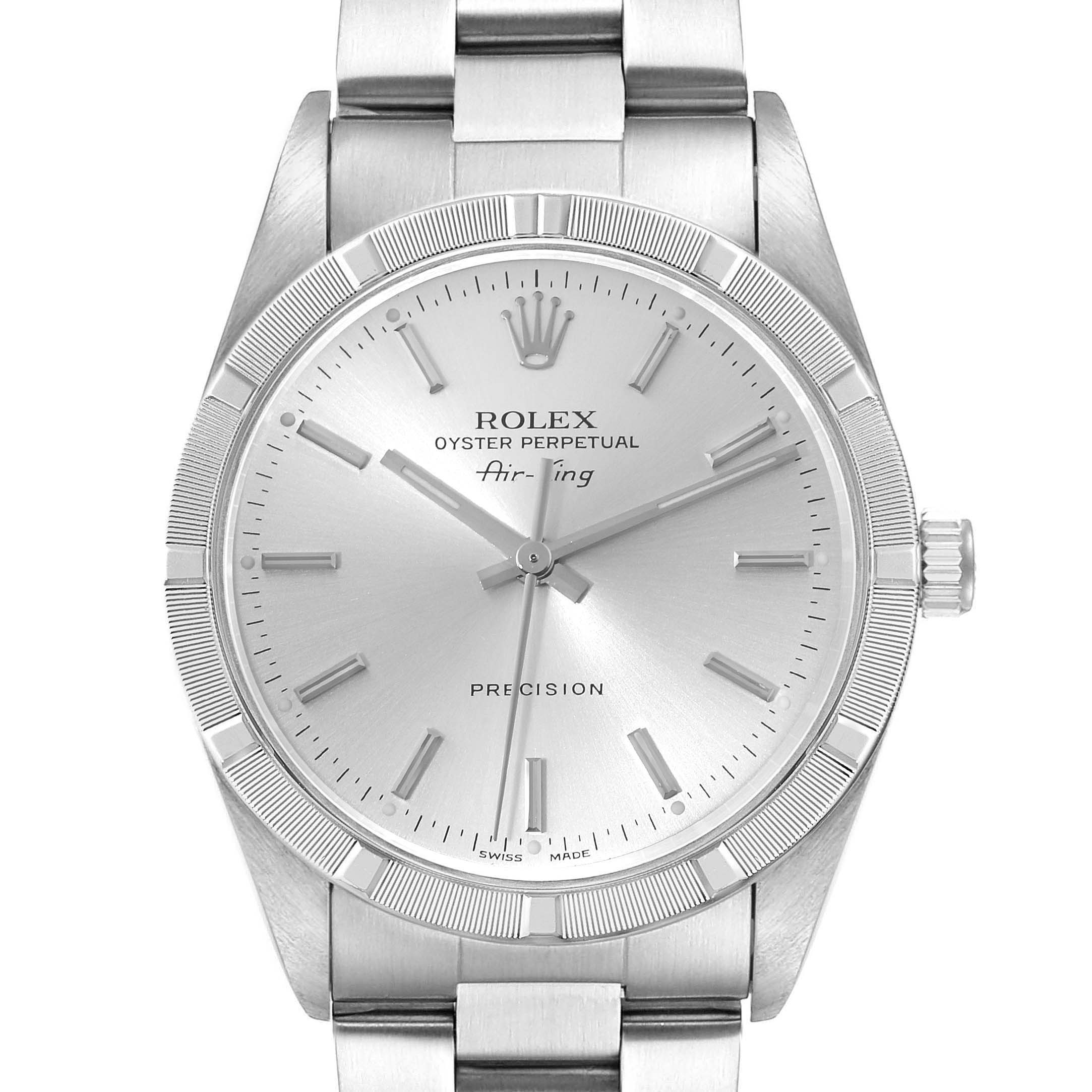 The image shows a front view of a Rolex Air-King 14010 Men's Stainless Steel Silver Dial 14010 Men's Stainless Steel Silver Dial watch, highlighting its dial, hands, bezel, and bracelet.