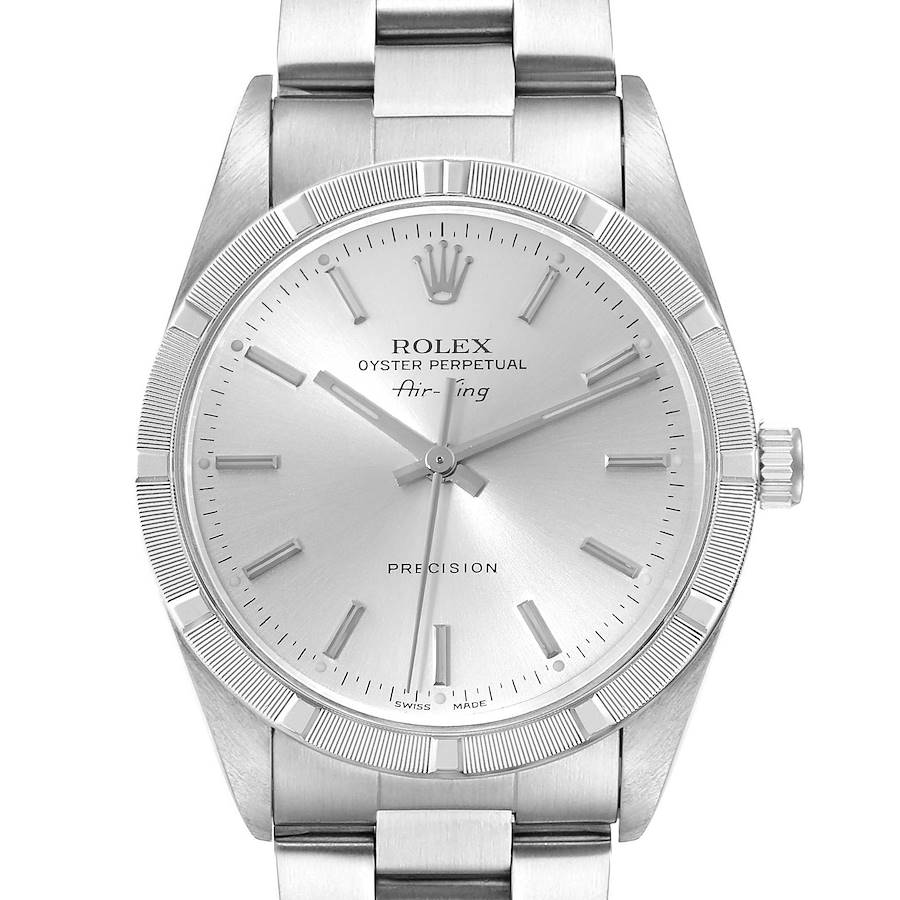 Rolex Air King Engine Turned Bezel Silver Dial Steel Mens Watch 14010 Box Papers SwissWatchExpo