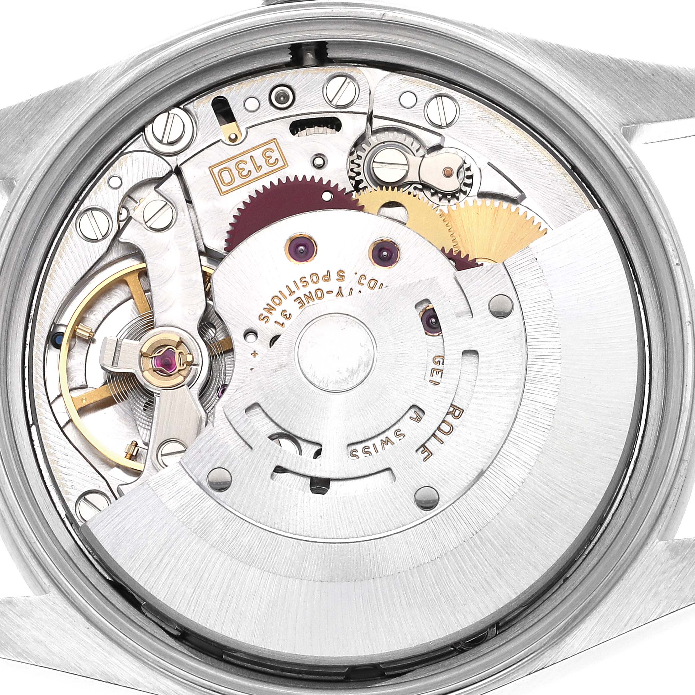 This image shows the movement of a Rolex Air-King 14010 Men's Stainless Steel Silver Dial 14010 Men's Stainless Steel Silver Dial watch, viewed from the back, revealing its intricate internal components.