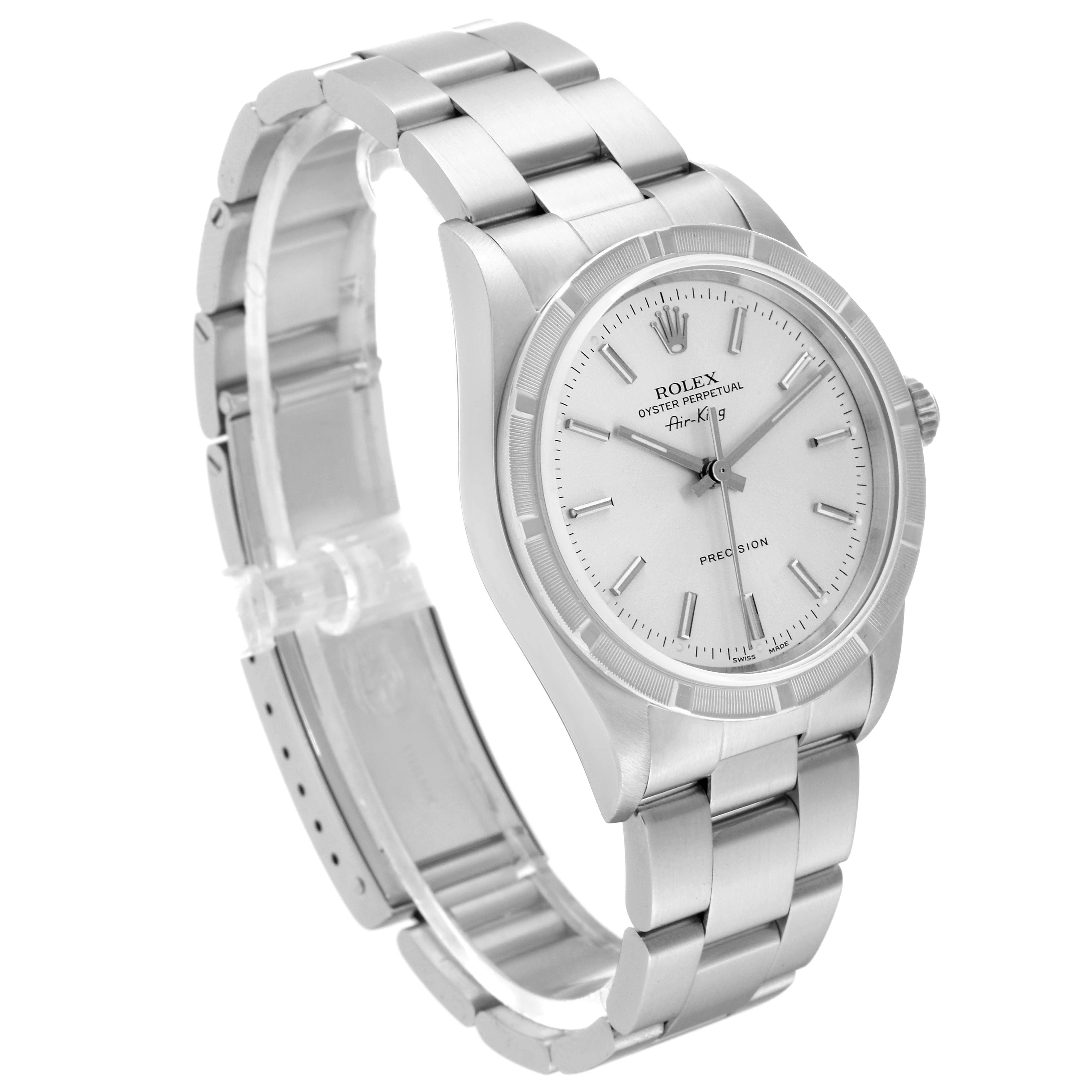 The image shows a Rolex Air-King 14010 Men's Stainless Steel Silver Dial 14010 Men's Stainless Steel Silver Dial watch from an angled side view, displaying the dial, bezel, and bracelet.