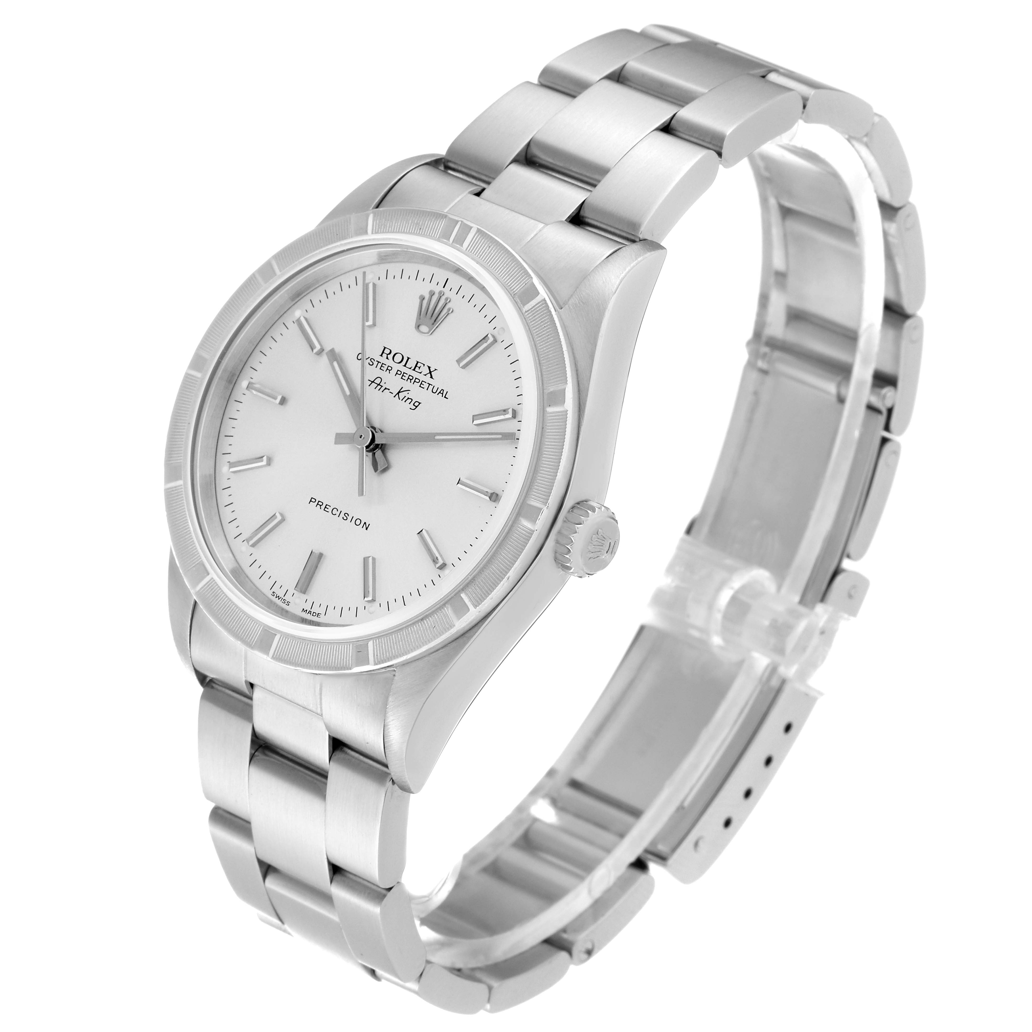 The image shows a Rolex Air-King 14010 Men's Stainless Steel Silver Dial 14010 Men's Stainless Steel Silver Dial watch at an angle that highlights its face, bracelet, and crown.