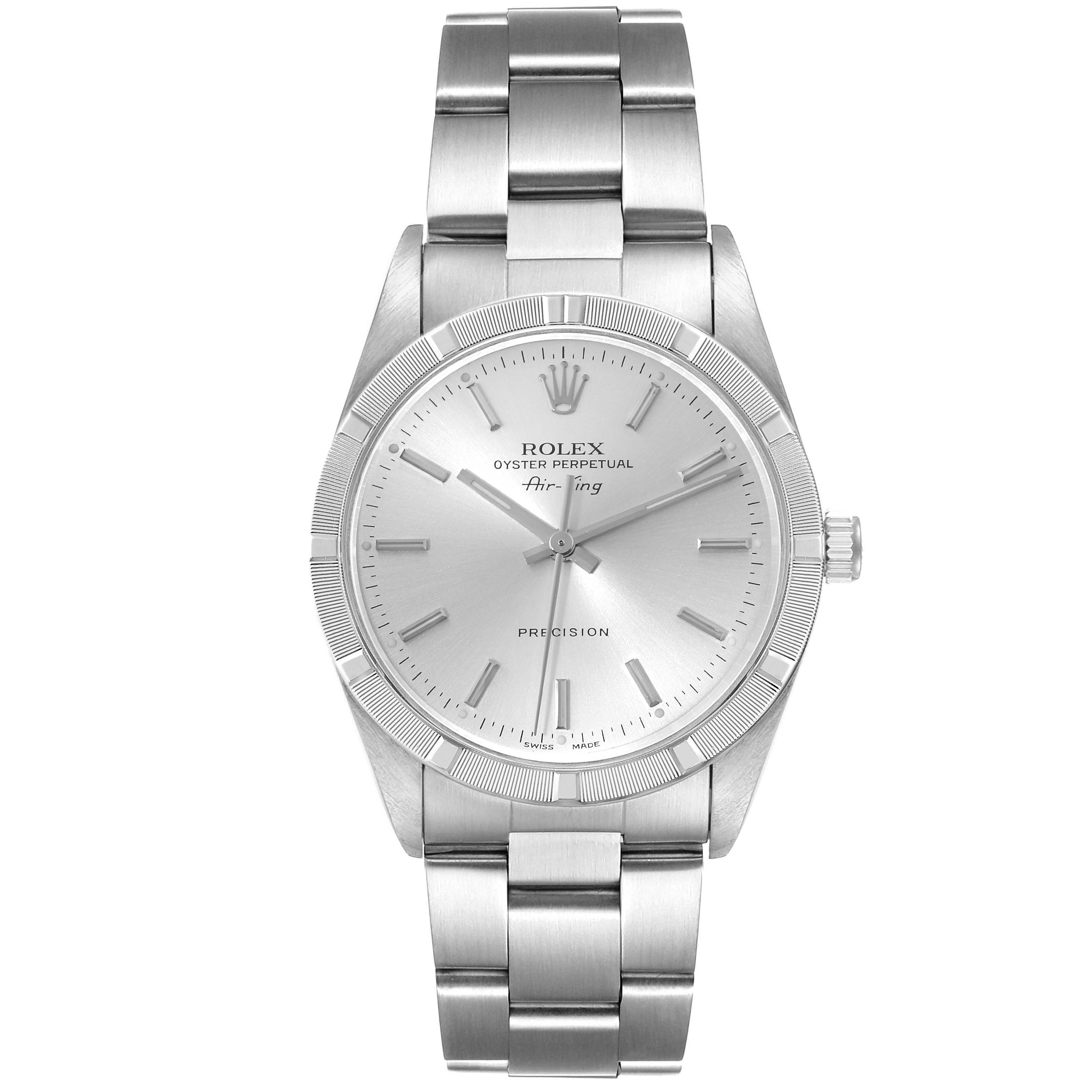 The Rolex Air-King 14010 Men's Stainless Steel Silver Dial 14010 Men's Stainless Steel Silver Dial watch is shown from a top-down angle, displaying the face, bezel, and bracelet prominently.