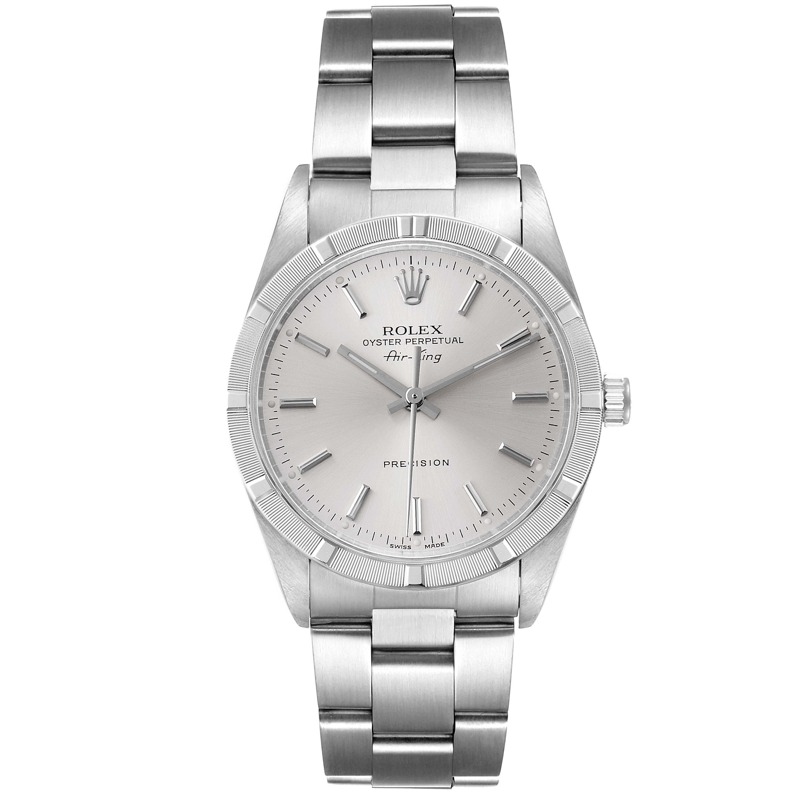 The image shows a frontal view of the Rolex Air-King 14010 Men's Stainless Steel Silver Dial 14010 Men's Stainless Steel Silver Dial watch displaying its dial, hands, bezel, and bracelet.