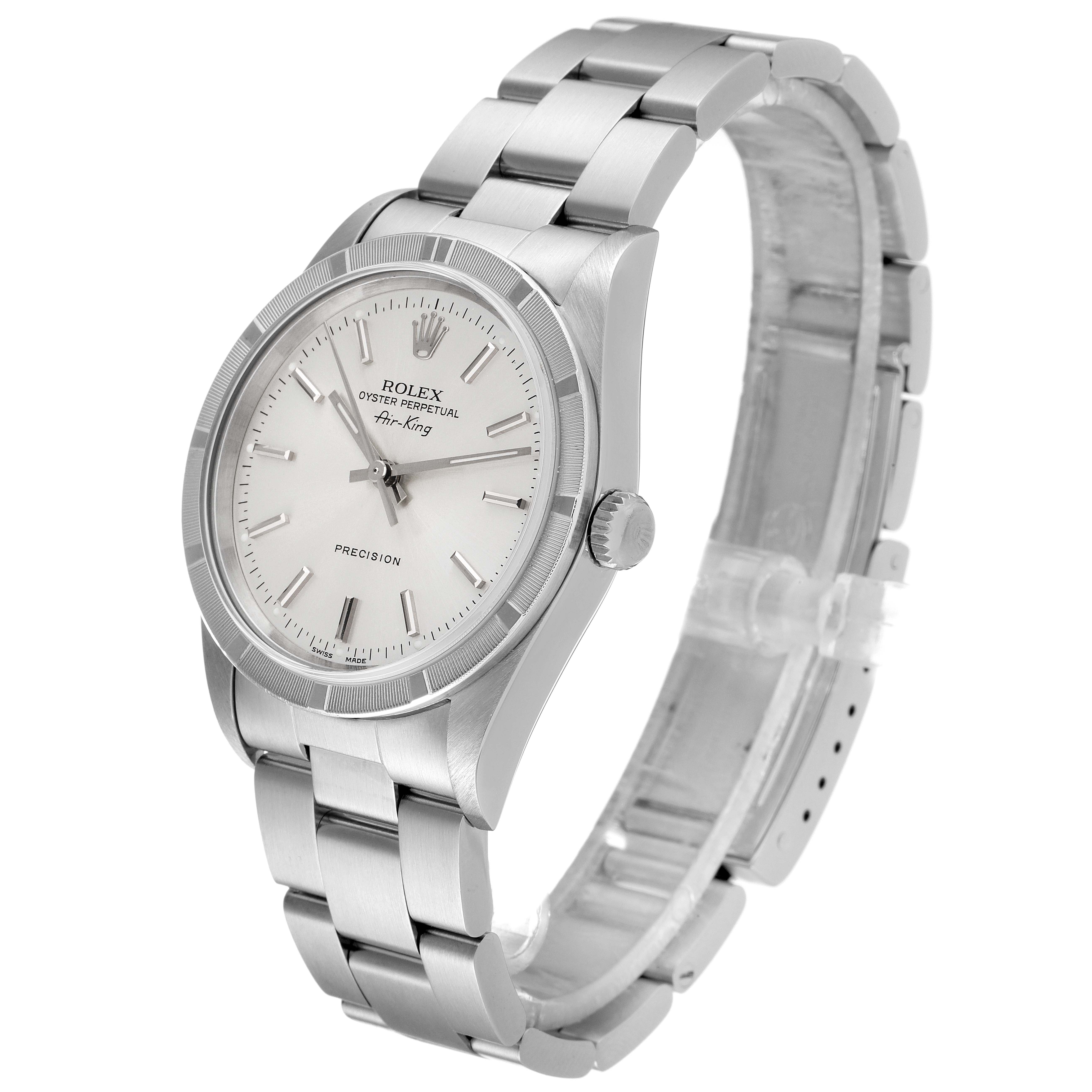 This image shows a silver Rolex Air-King 14010 Men's Stainless Steel Silver Dial 14010 Men's Stainless Steel Silver Dial watch at an angled side view, displaying the dial, bracelet, and part of the crown.