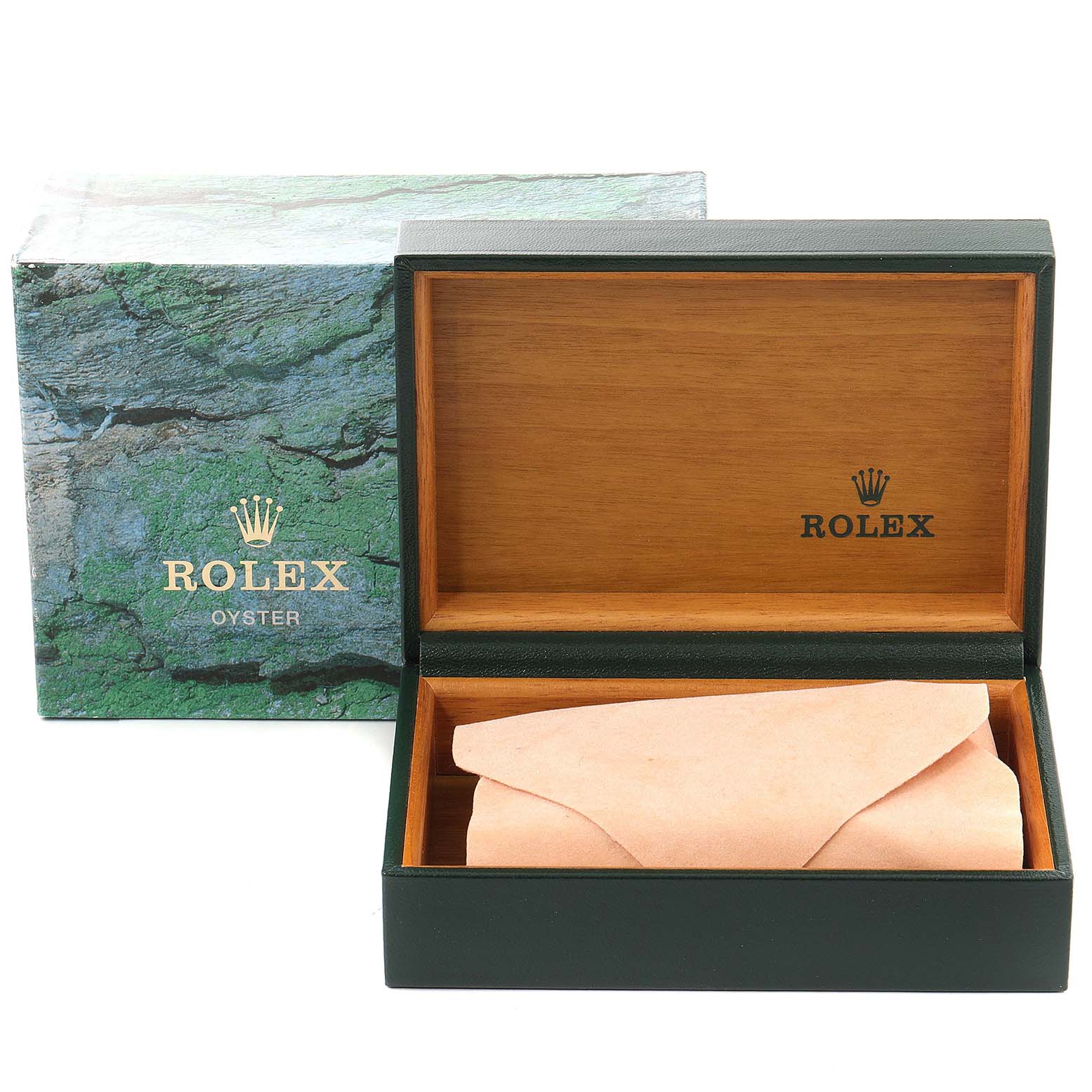 The image shows an open Rolex Air-King 14010 Men's Stainless Steel Silver Dial 14010 Men's Stainless Steel Silver Dial watch box with a green outer box and a leather wrap inside.