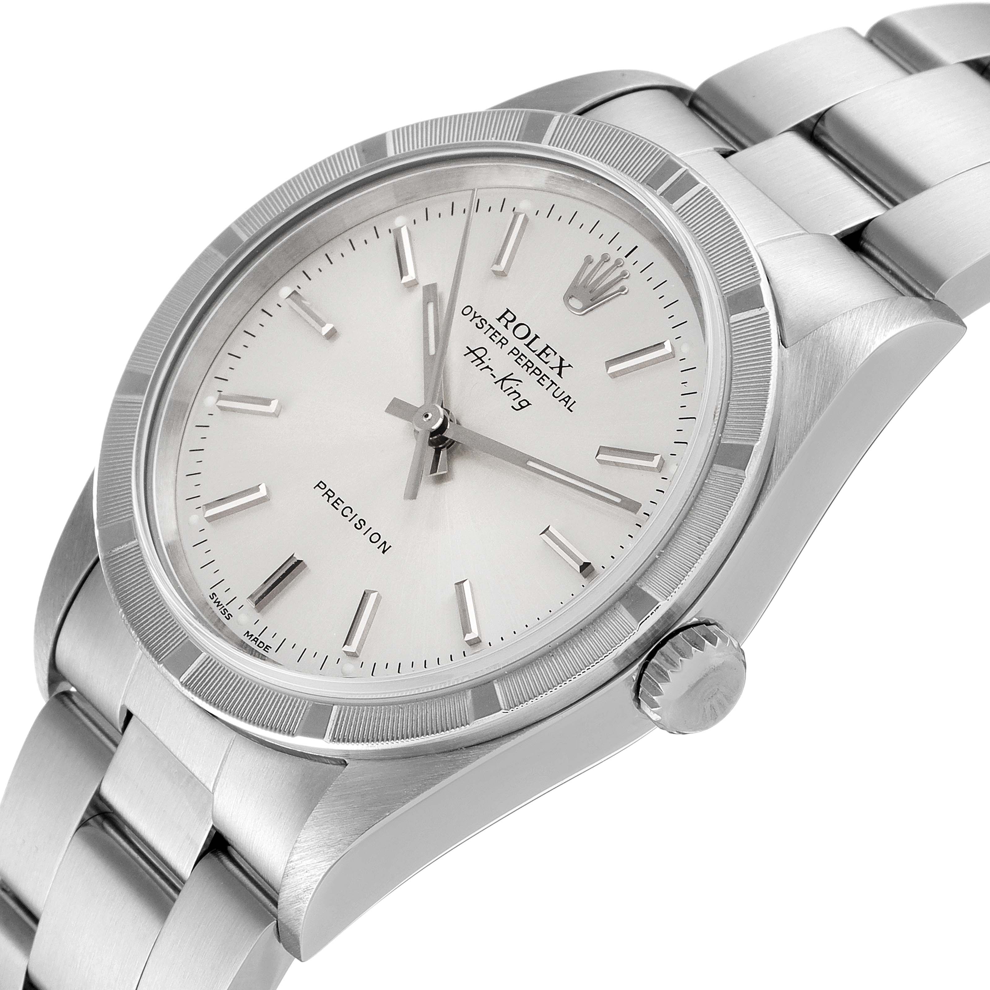This image shows a close-up angle of the Rolex Air-King 14010 Men's Stainless Steel Silver Dial 14010 Men's Stainless Steel Silver Dial watch, highlighting the dial, bezel, case, and bracelet.