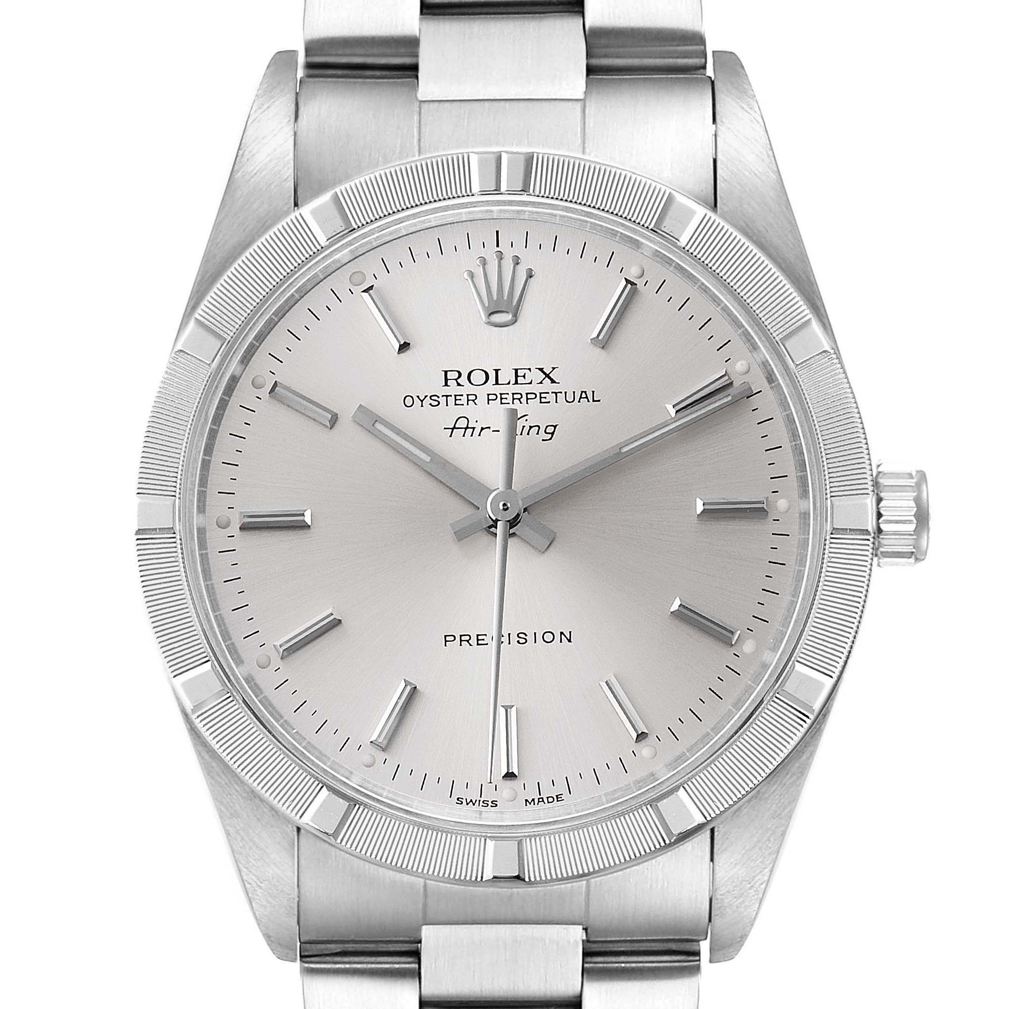 This image shows a frontal view of a Rolex Air-King 14010 Men's Stainless Steel Silver Dial 14010 Men's Stainless Steel Silver Dial watch, highlighting the face, bezel, and part of the band.