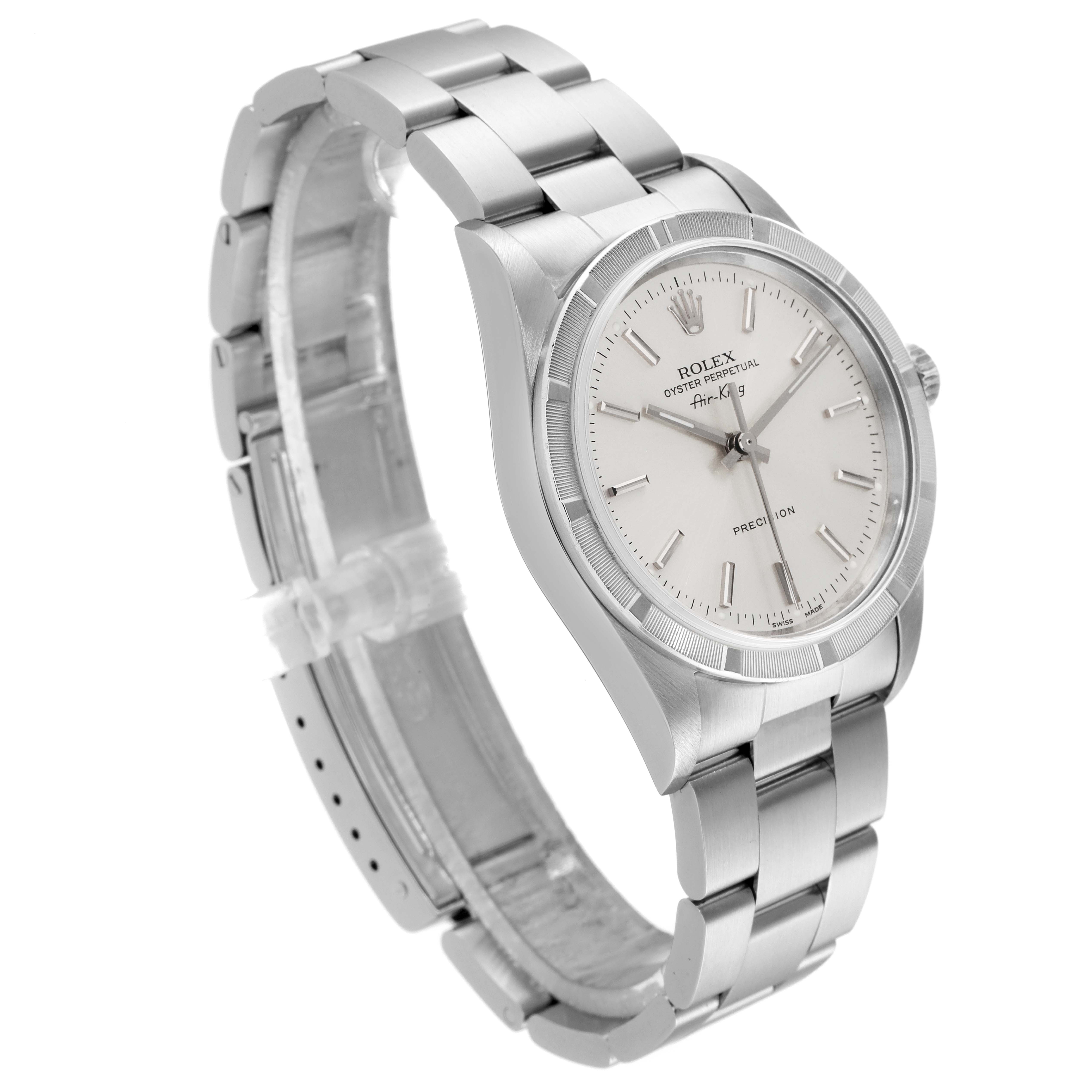 The Rolex Air-King 14010 Men's Stainless Steel Silver Dial 14010 Men's Stainless Steel Silver Dial watch is shown at a slight angle, displaying its bracelet, case, dial, and bezel.