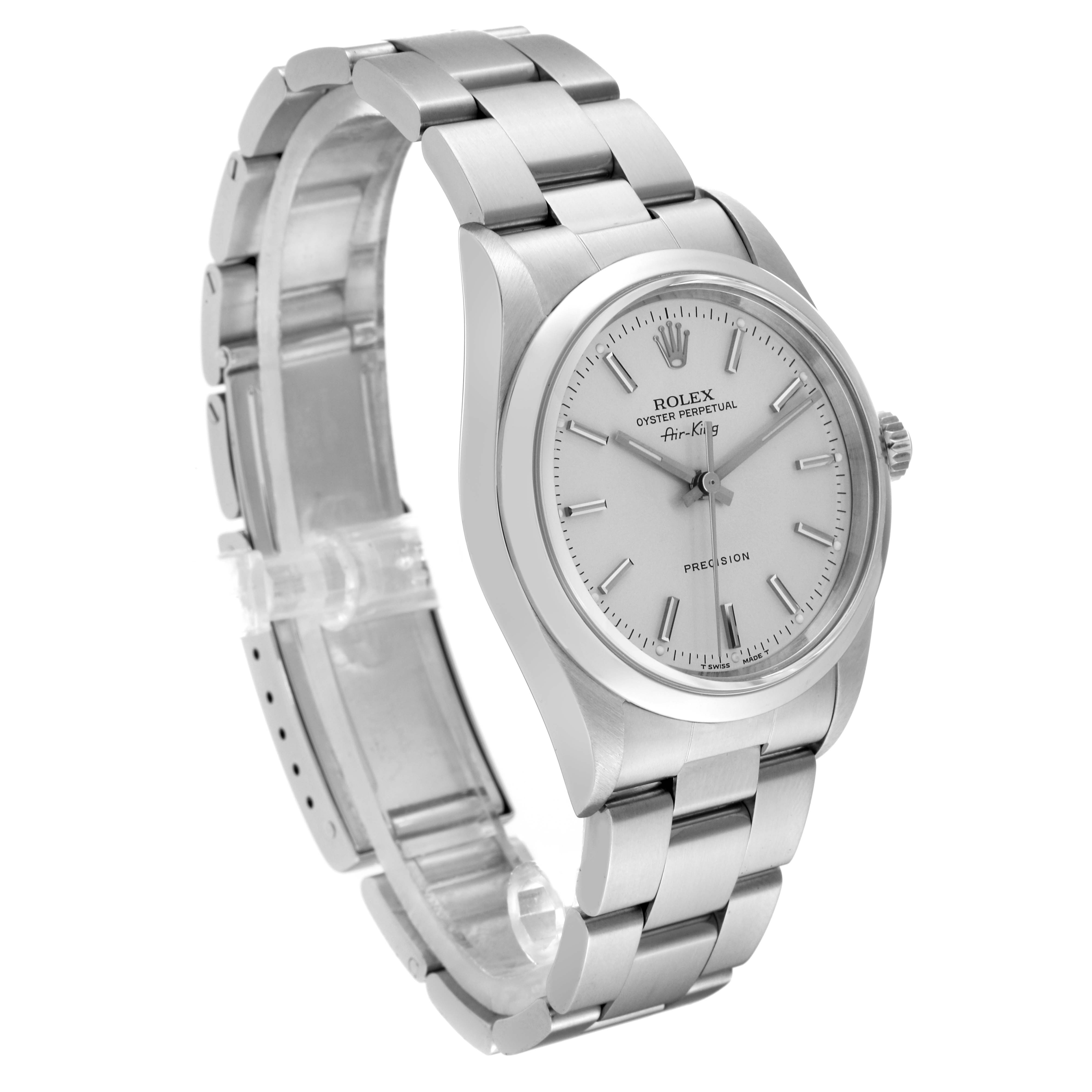 The image shows a Rolex Air-King 14000 Men's Stainless Steel Silver Dial 14000 Men's Stainless Steel Silver Dial watch at an oblique angle, highlighting the face, bezel, and bracelet.