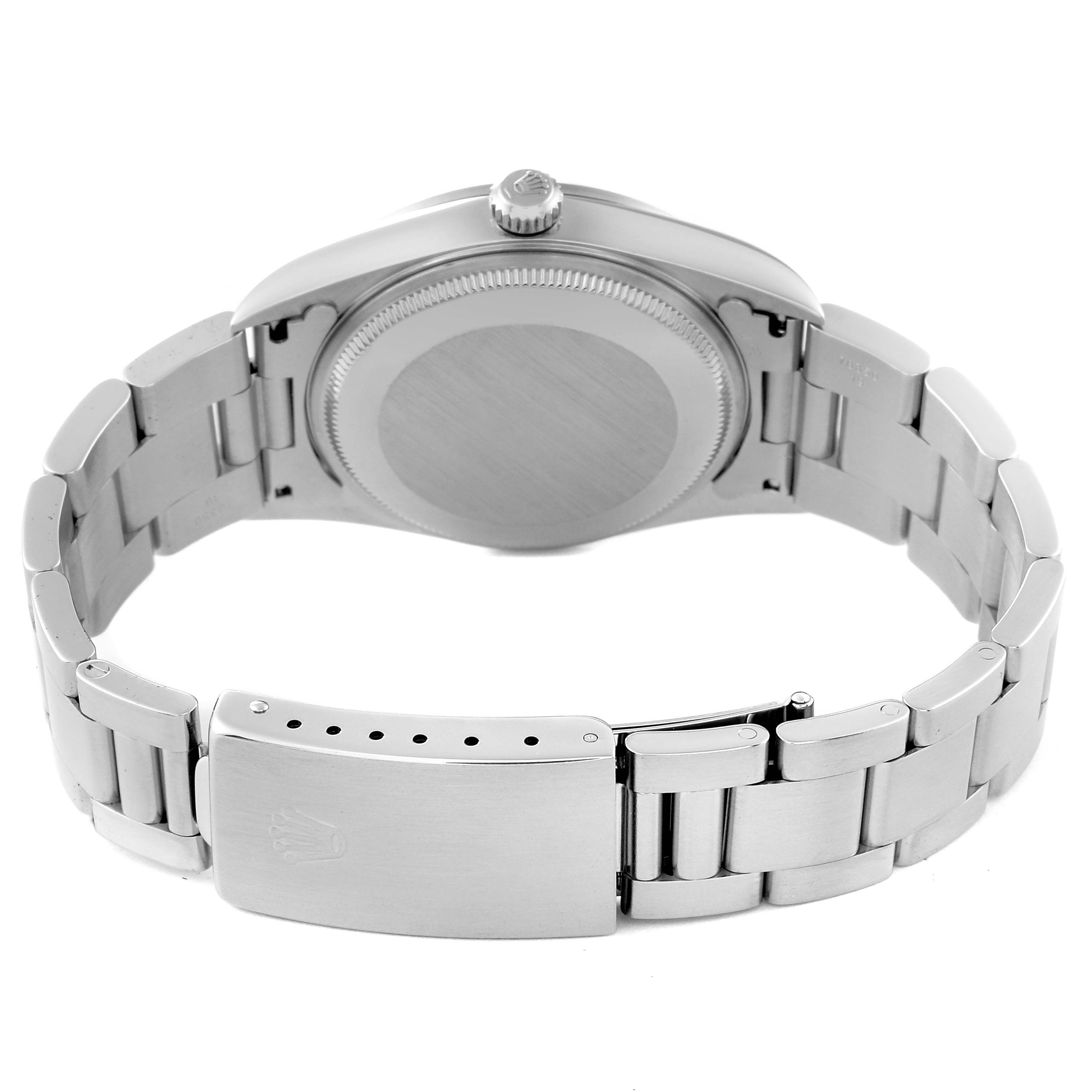 The image shows the back view of the Rolex Air-King 14000 Men's Stainless Steel Silver Dial 14000 Men's Stainless Steel Silver Dial watch, highlighting its case back, bracelet, and clasp.