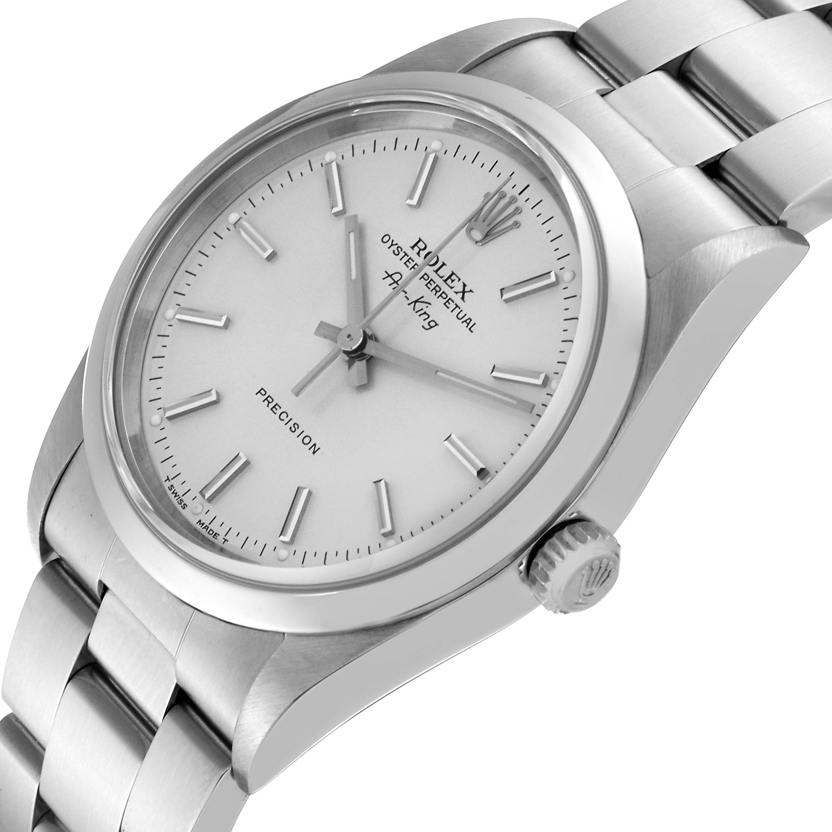 The image shows the Rolex Air-King 14000 Men's Stainless Steel Silver Dial 14000 Men's Stainless Steel Silver Dial watch from a top angle, highlighting its dial, bezel, crown, and part of the bracelet.