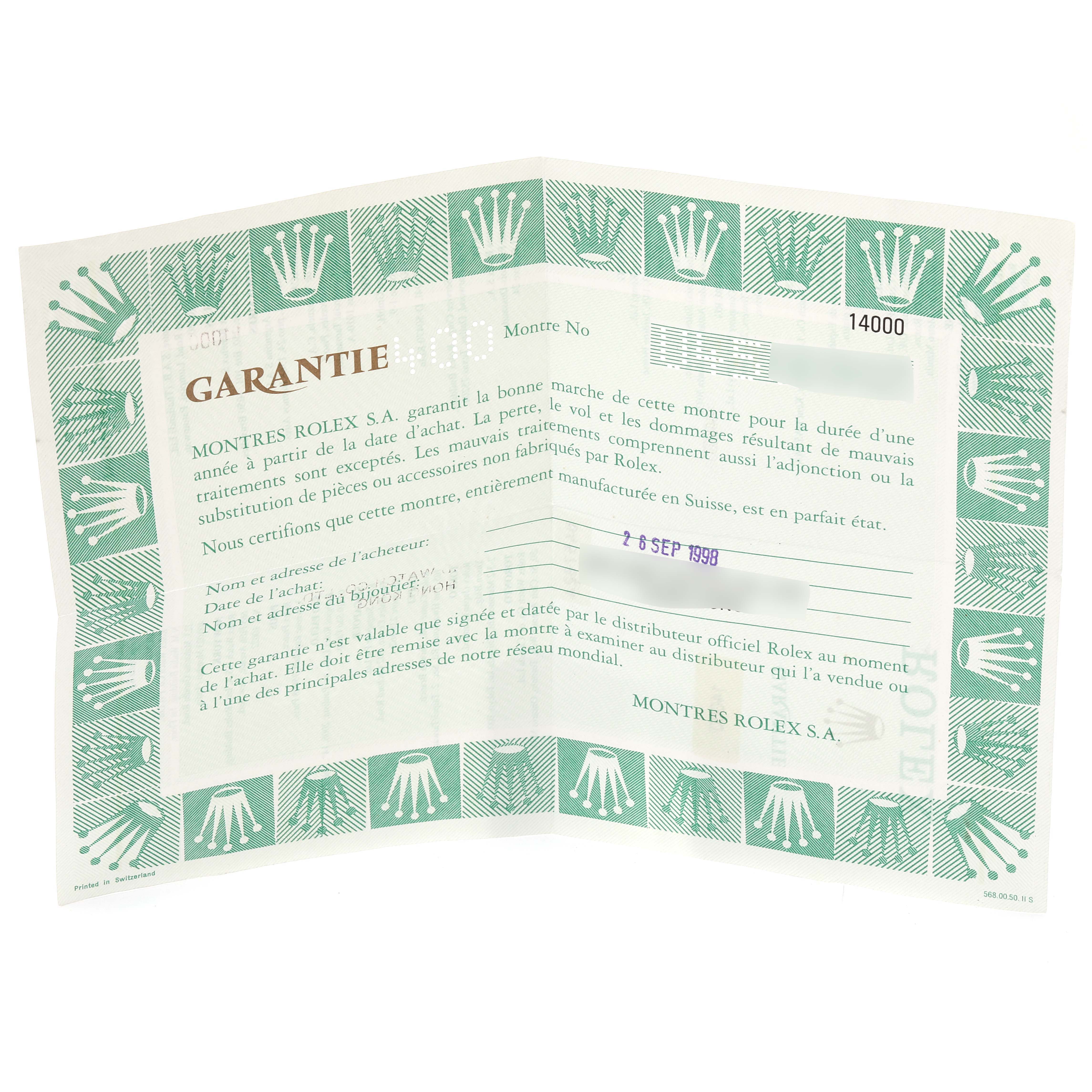 The image shows the guarantee card of an Air-King model by Rolex, featuring brand logos and warranty details.