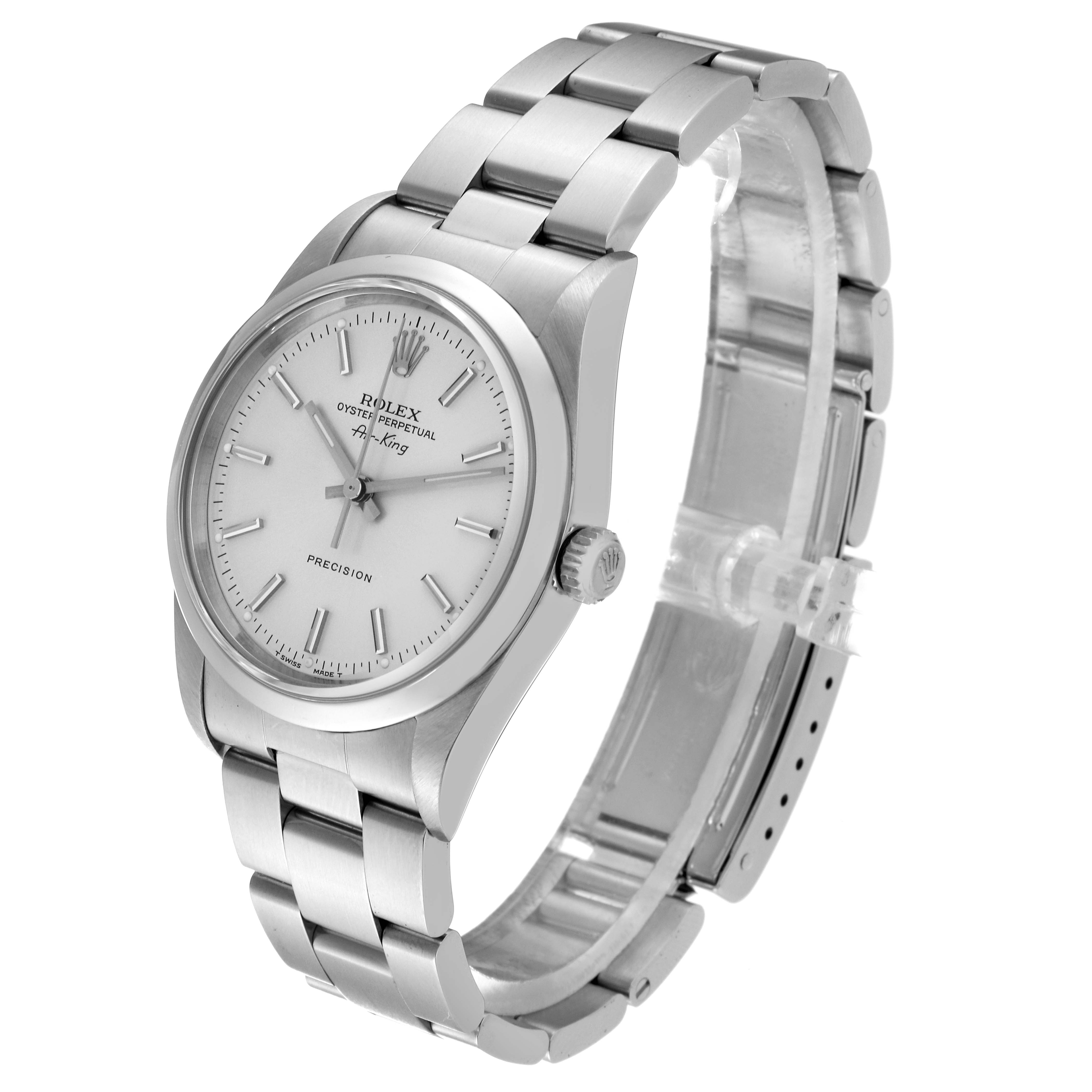 This Rolex Air-King 14000 Men's Stainless Steel Silver Dial 14000 Men's Stainless Steel Silver Dial watch is shown from an angled front view, displaying the dial, bracelet, and crown.