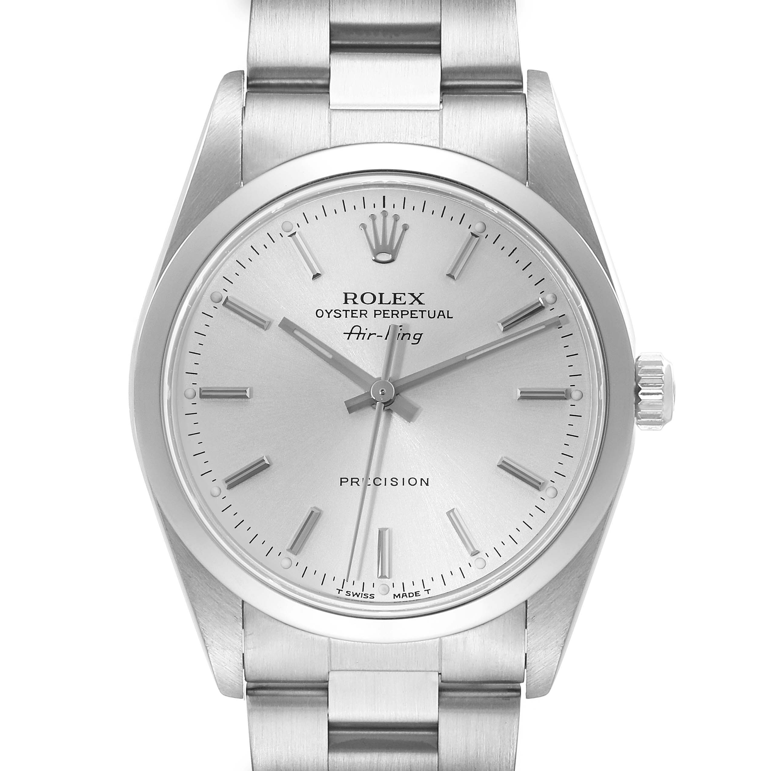 The Rolex Air-King 14000 Men's Stainless Steel Silver Dial 14000 Men's Stainless Steel Silver Dial watch is shown from a top-down angle, highlighting the face, hands, and a portion of the bracelet.