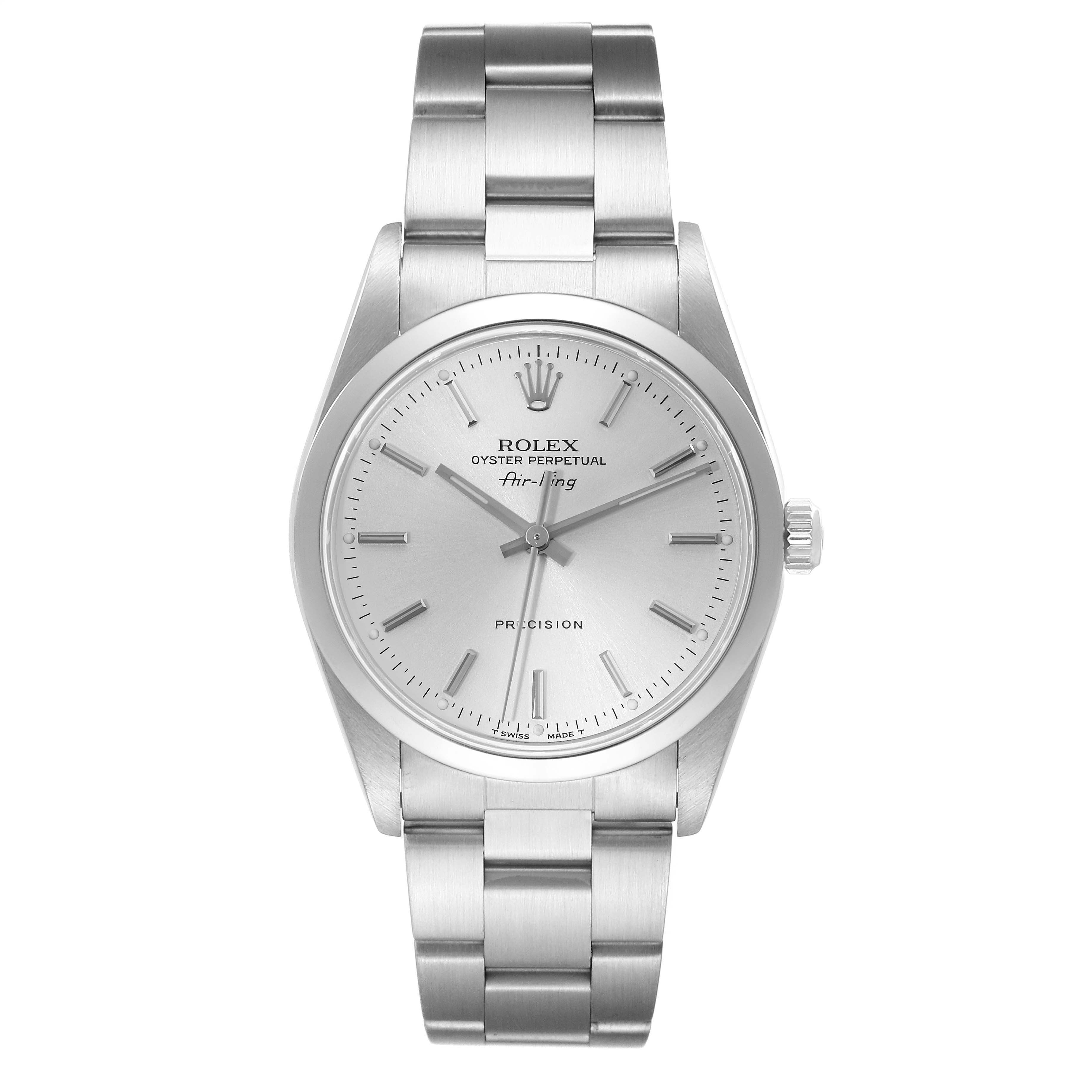 The image shows a Rolex Air-King 14000 Men's Stainless Steel Silver Dial 14000 Men's Stainless Steel Silver Dial watch from a front angle, highlighting the dial, case, and bracelet.