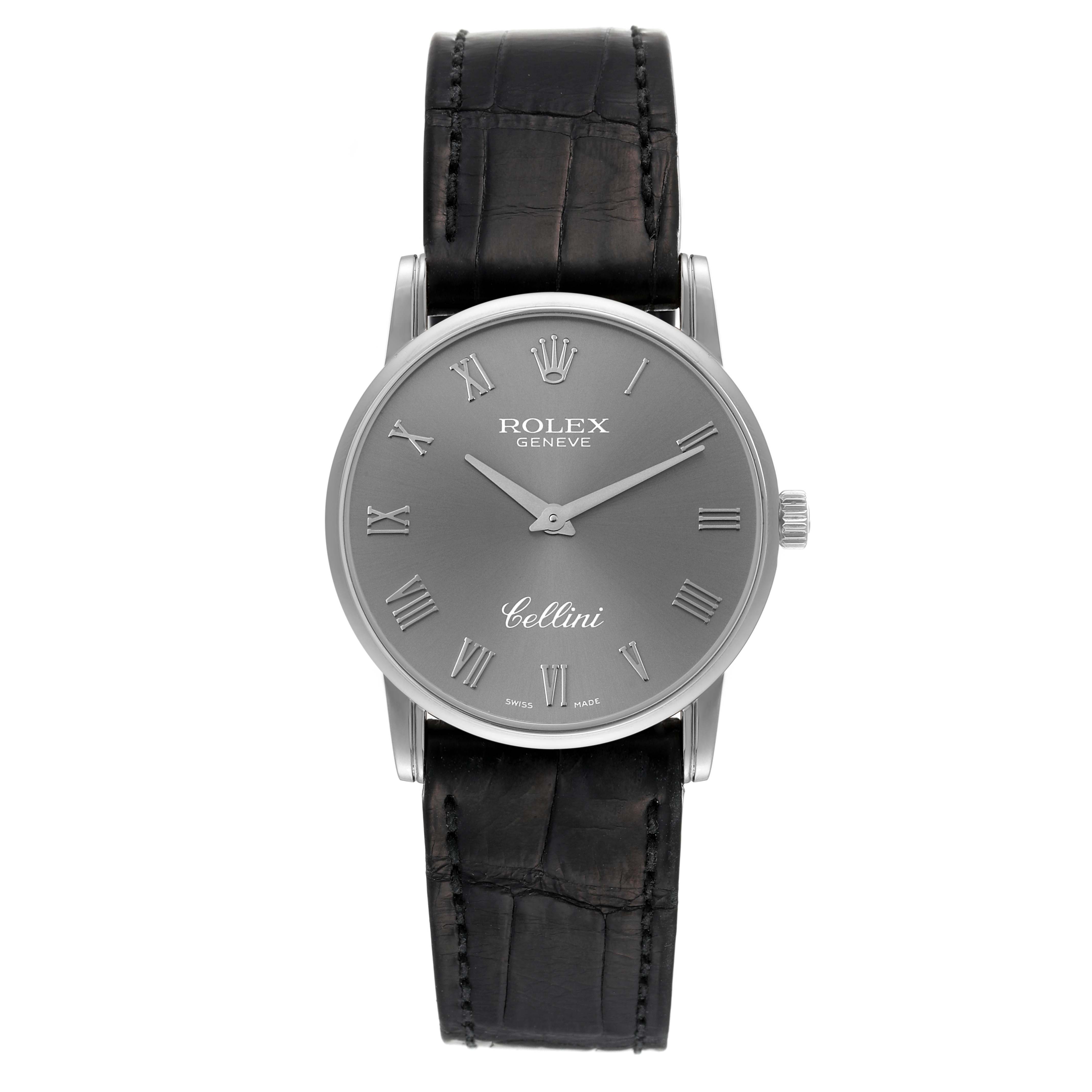 The image shows a Rolex Cellini 5116 Men
s Stainless Steel Grey Dial 5116 Men
s Stainless Steel Grey Dial watch with a front view, featuring a grey dial, Roman numerals, and a black leather strap.