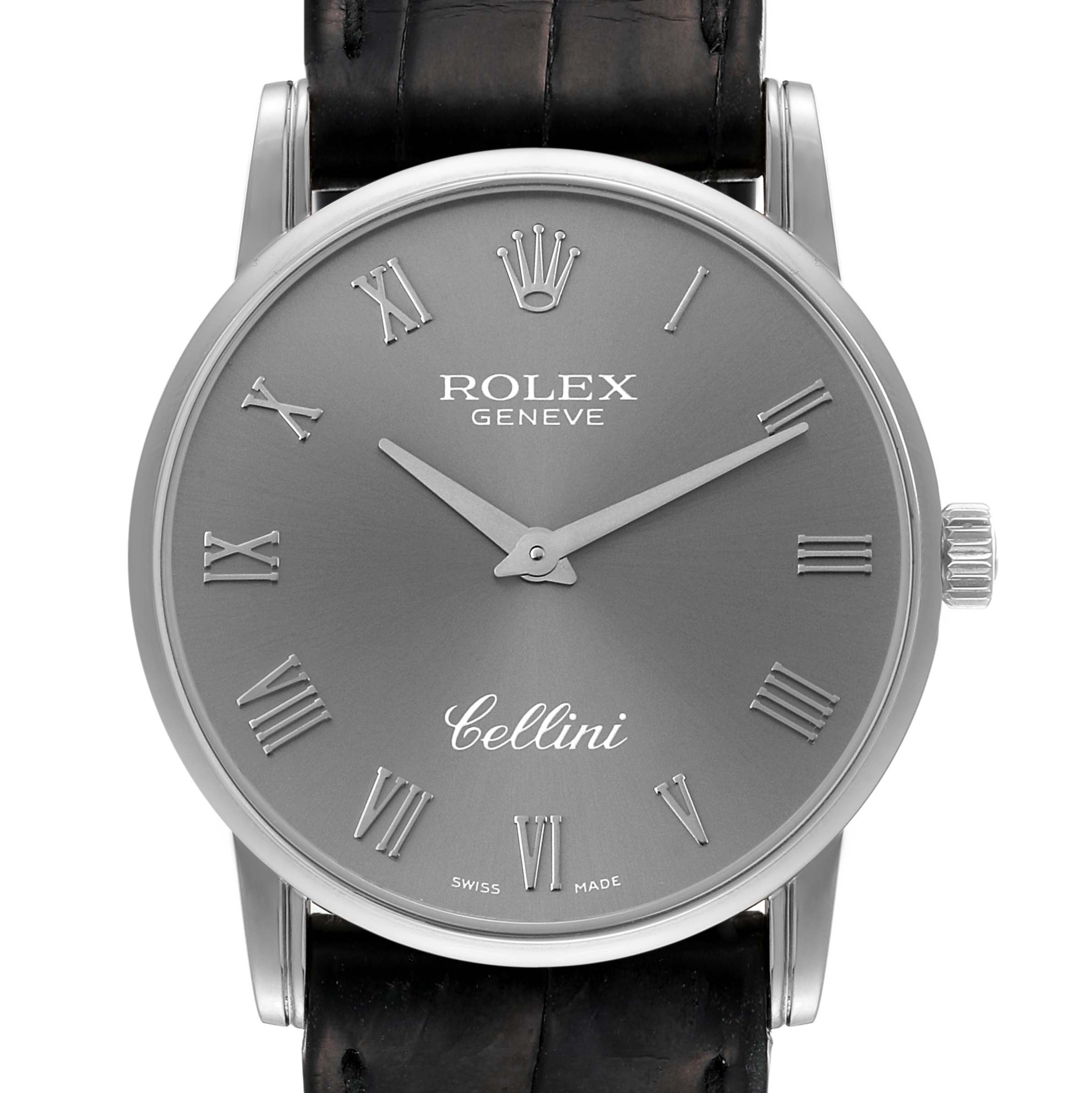 The image shows a frontal view of a Rolex Cellini 5116 Men
s Stainless Steel Grey Dial 5116 Men
s Stainless Steel Grey Dial watch, highlighting its dial, Roman numerals, and crown.