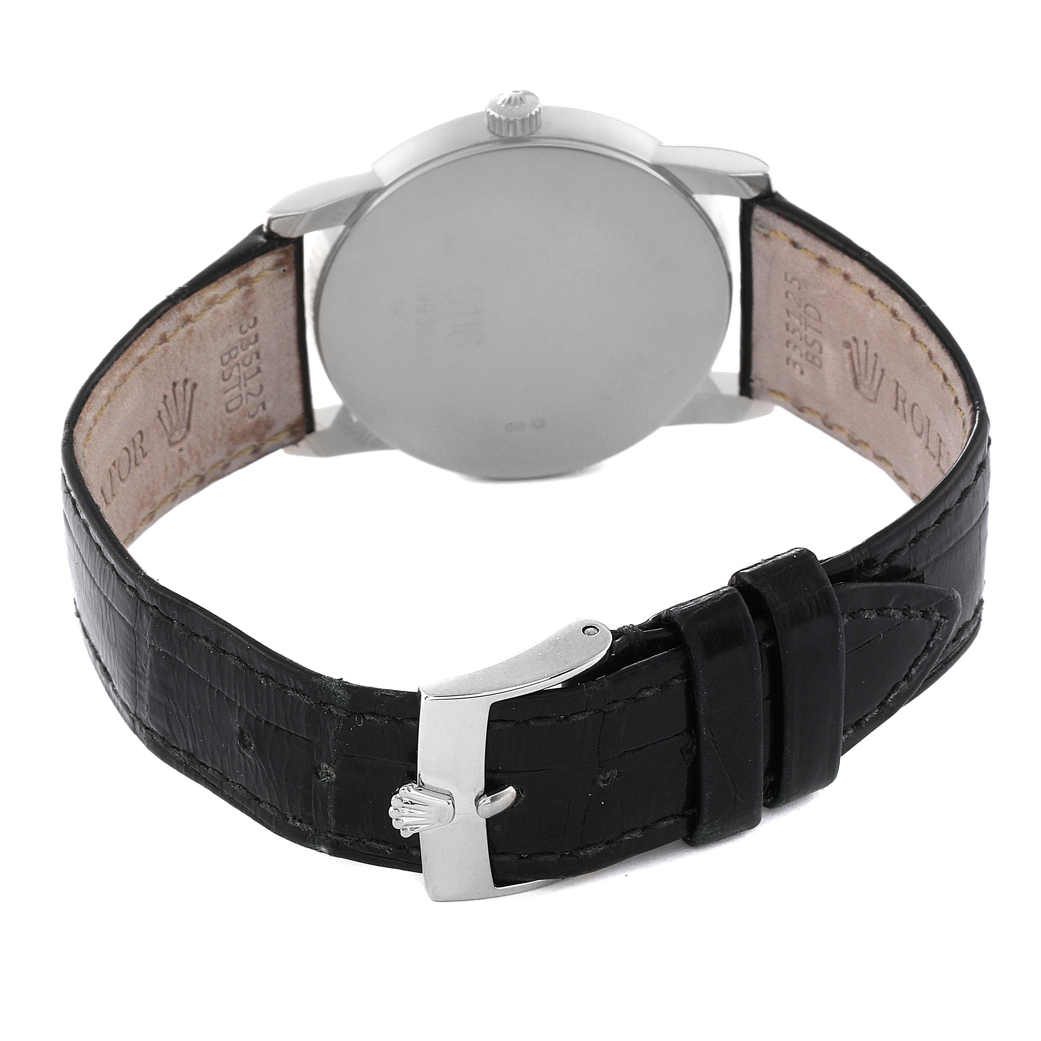 This image shows the back and strap of a Rolex Cellini 5116 Men
s Stainless Steel Grey Dial 5116 Men
s Stainless Steel Grey Dial watch, highlighting the clasp and leather band.