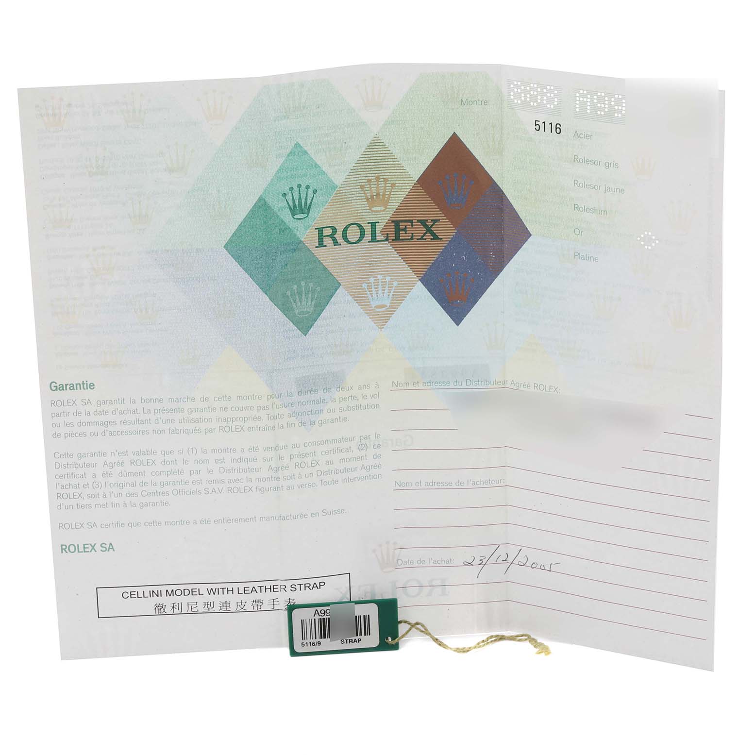 The image shows the warranty certificate and tag for the Rolex Cellini 5116 Men
s Stainless Steel Grey Dial 5116 Men
s Stainless Steel Grey Dial model.