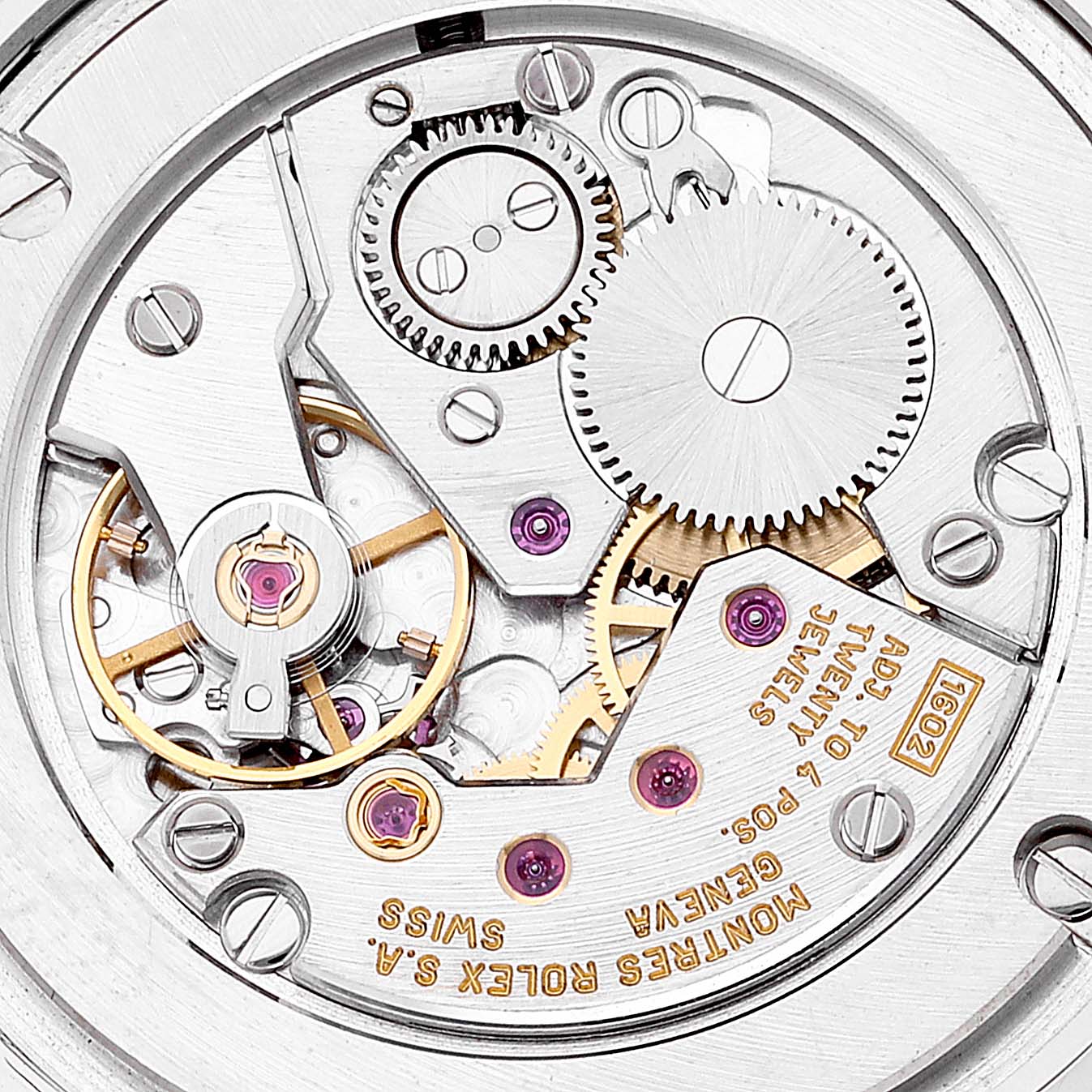 This image shows an up-close view of the mechanical movement inside a Rolex Cellini 5116 Men
s Stainless Steel Grey Dial 5116 Men
s Stainless Steel Grey Dial watch.