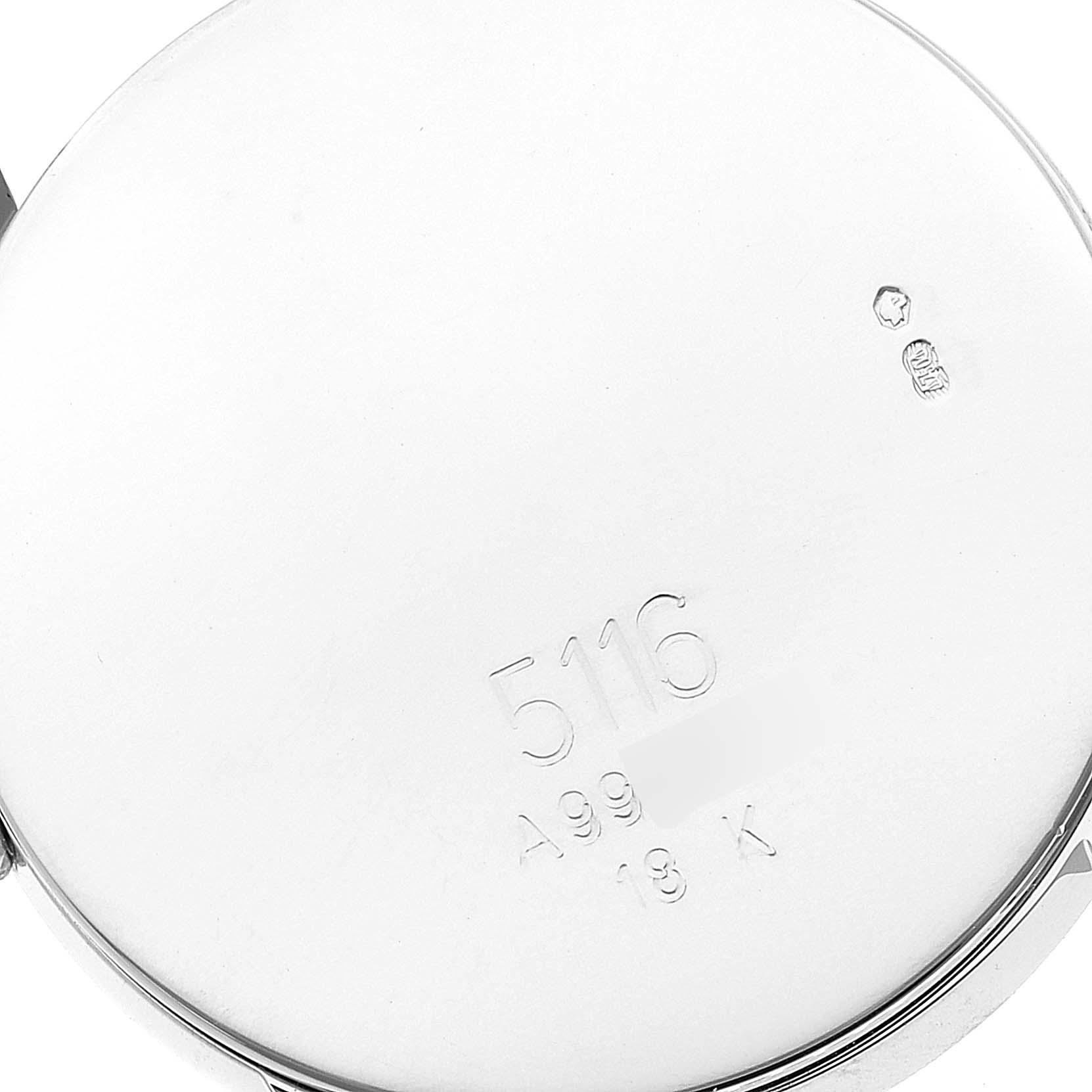 The image shows the back case of a Rolex Cellini 5116 Men
s Stainless Steel Grey Dial 5116 Men
s Stainless Steel Grey Dial watch with engraved model details and hallmark stamps.