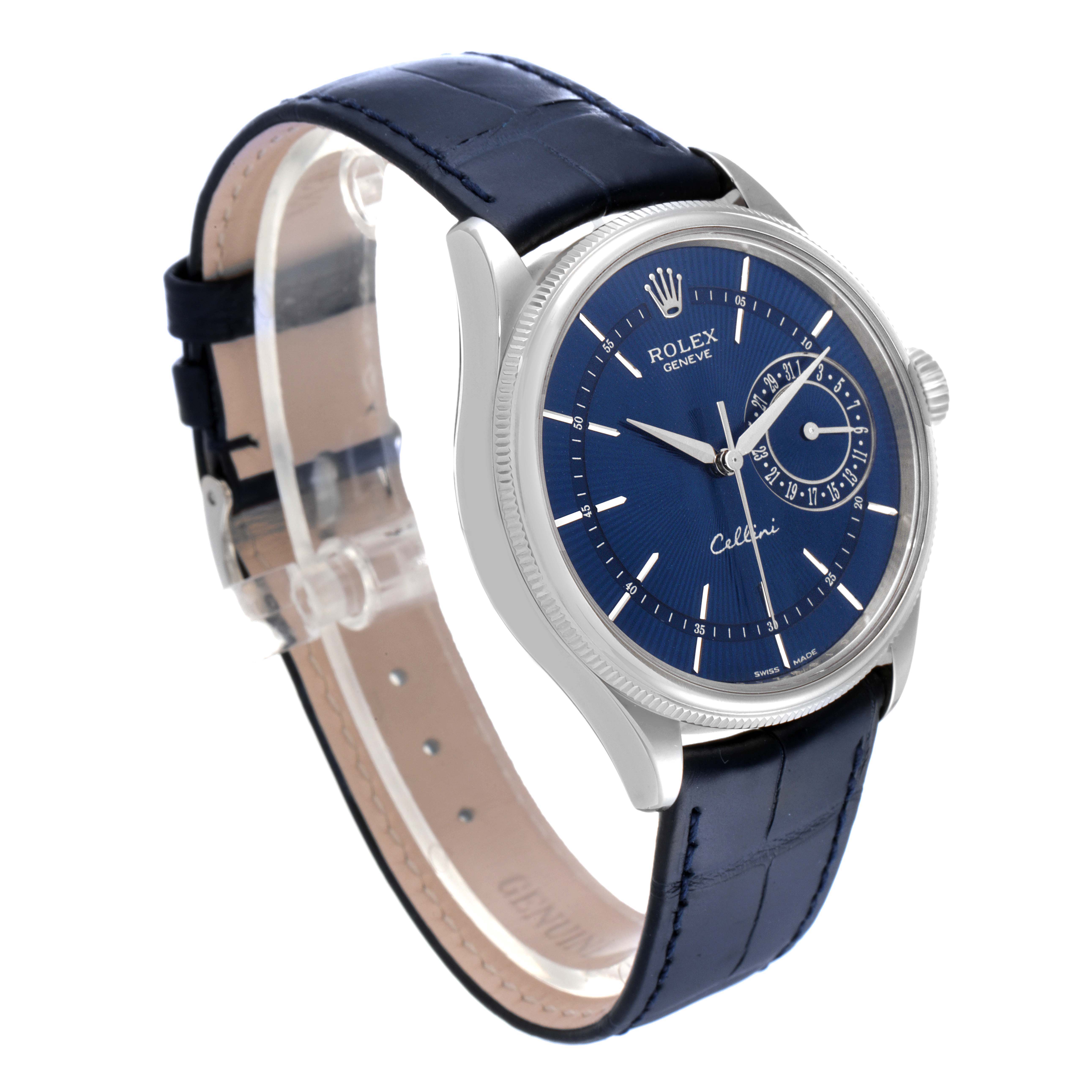 The image shows a Rolex Cellini 50519 Men's White Gold Blue Dial 50519 Men's White Gold Blue Dial watch from a three-quarter angle, highlighting its blue dial and dark blue leather strap.