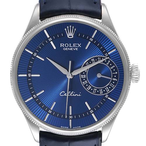 Photo of Rolex Cellini Date 18K White Gold Blue Dial Mens Watch 50519 Box Card