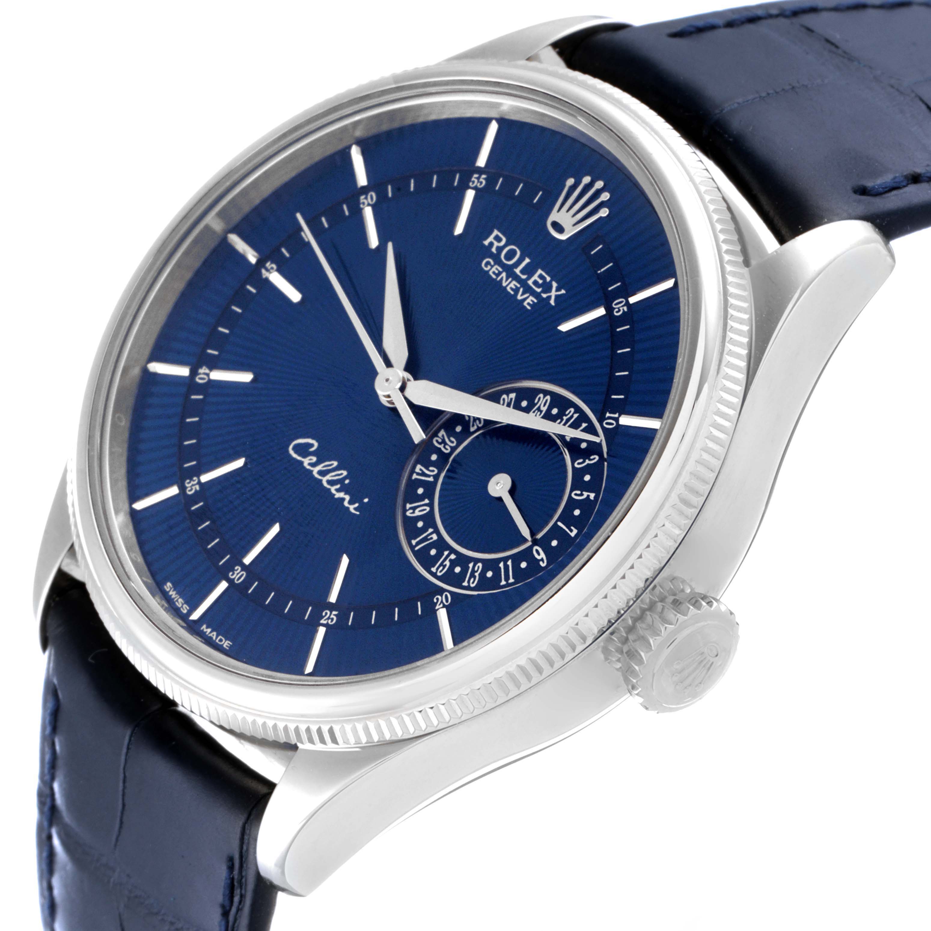 The image shows a close-up angle of the Rolex Cellini 50519 Men's White Gold Blue Dial 50519 Men's White Gold Blue Dial watch, highlighting its blue dial, crown, and leather strap.