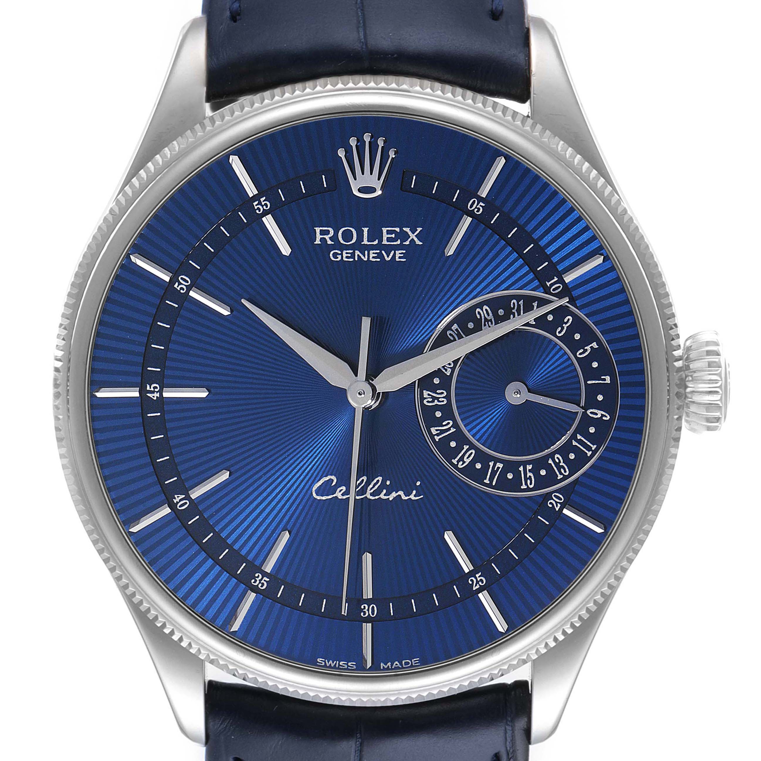 This Rolex Cellini 50519 Men's White Gold Blue Dial 50519 Men's White Gold Blue Dial model is shown from the front, displaying the dial, hands, crown, and part of the strap.