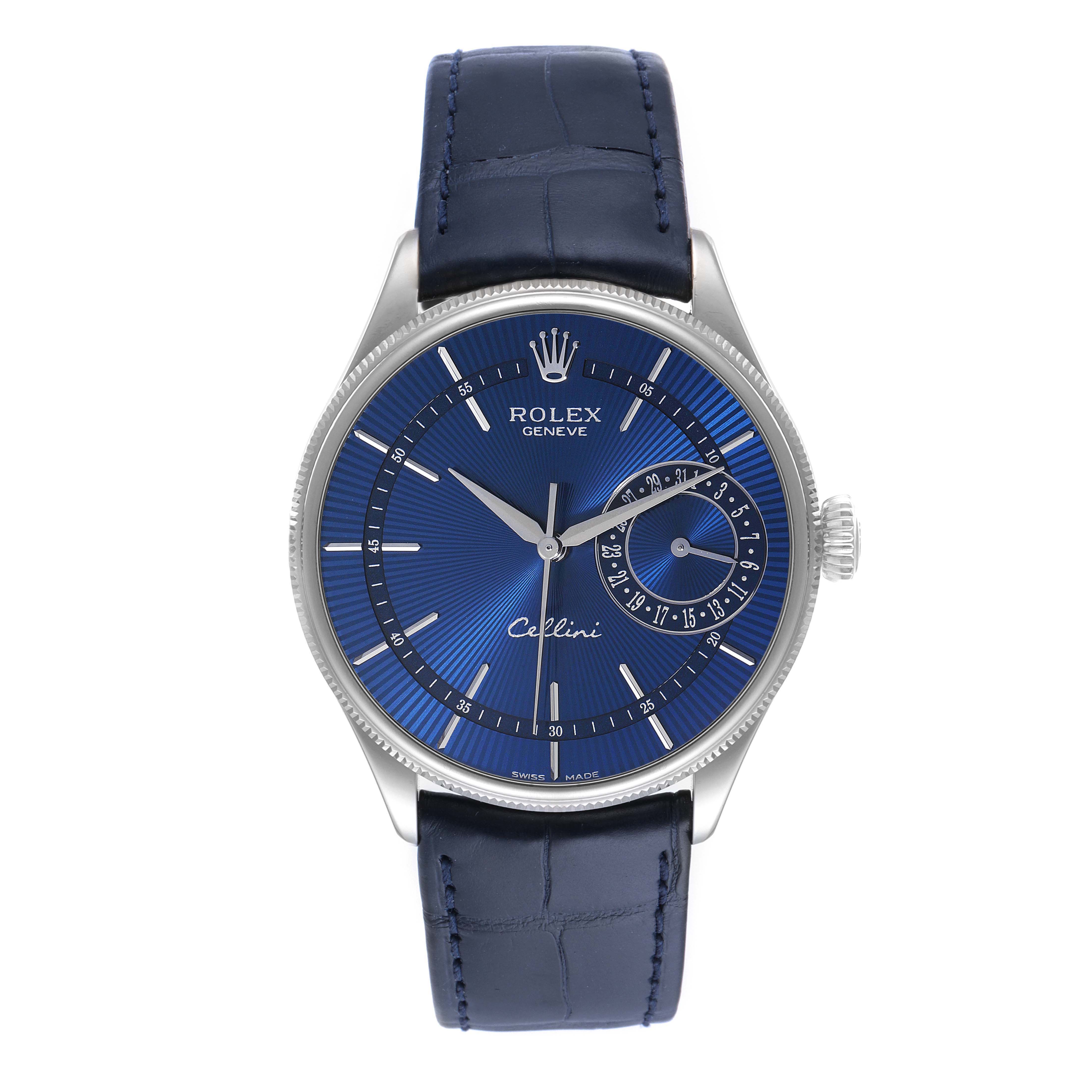 This is a front view of the Rolex Cellini 50519 Men's White Gold Blue Dial 50519 Men's White Gold Blue Dial watch, showcasing the blue dial, silver case, and blue leather strap.