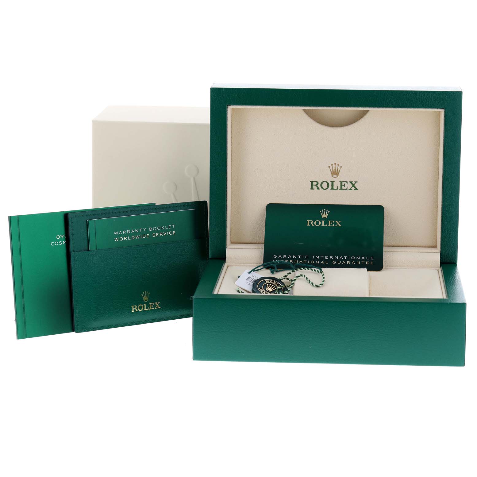 The image shows the packaging, warranty booklets, and guarantee card for a Rolex Daytona 116500 Men
s Stainless Steel Black Dial 116500 Men
s Stainless Steel Black Dial watch.