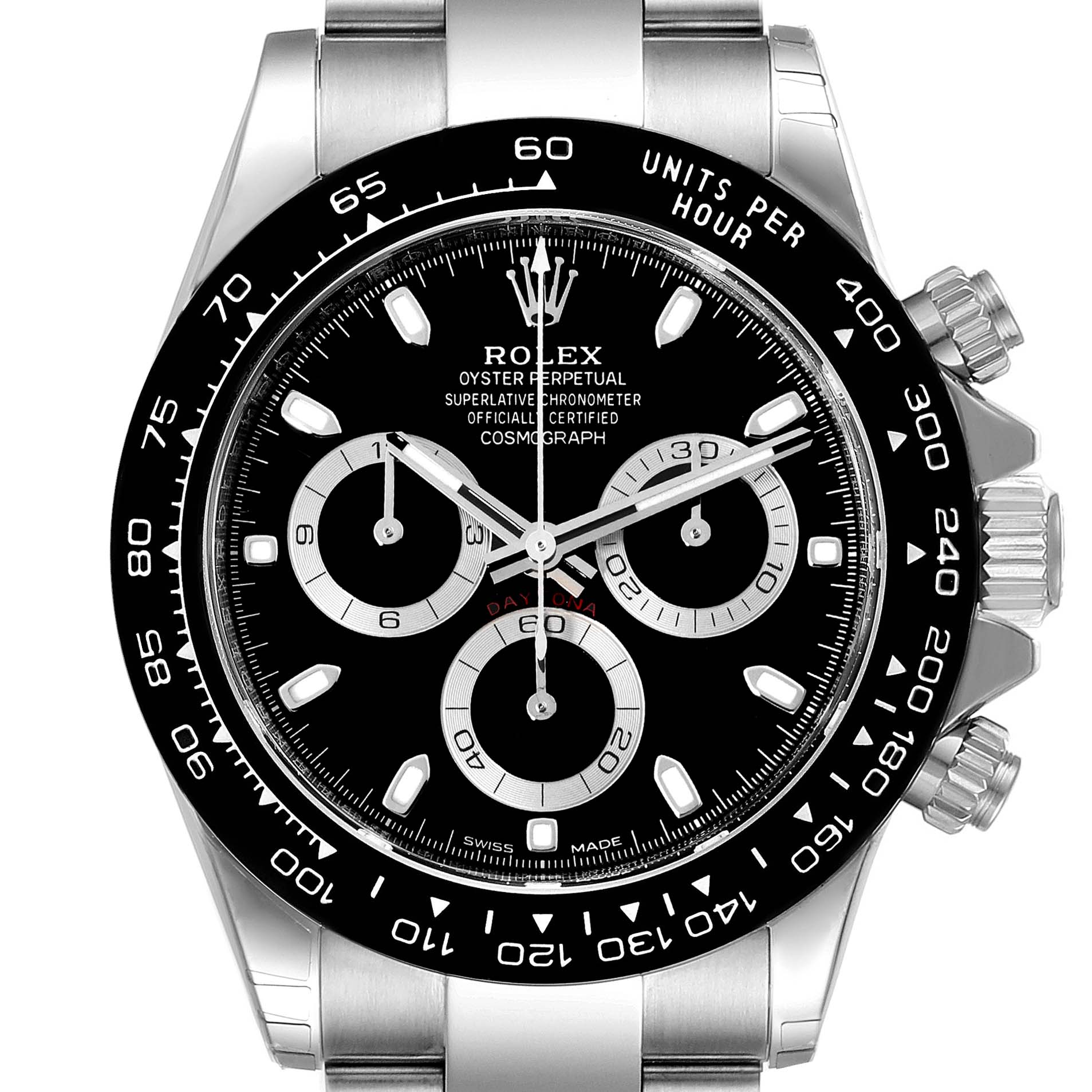 The image shows a front view of a Rolex Daytona 116500 Men
s Stainless Steel Black Dial 116500 Men
s Stainless Steel Black Dial watch, highlighting the dial, bezel, and chronograph sub-dials.