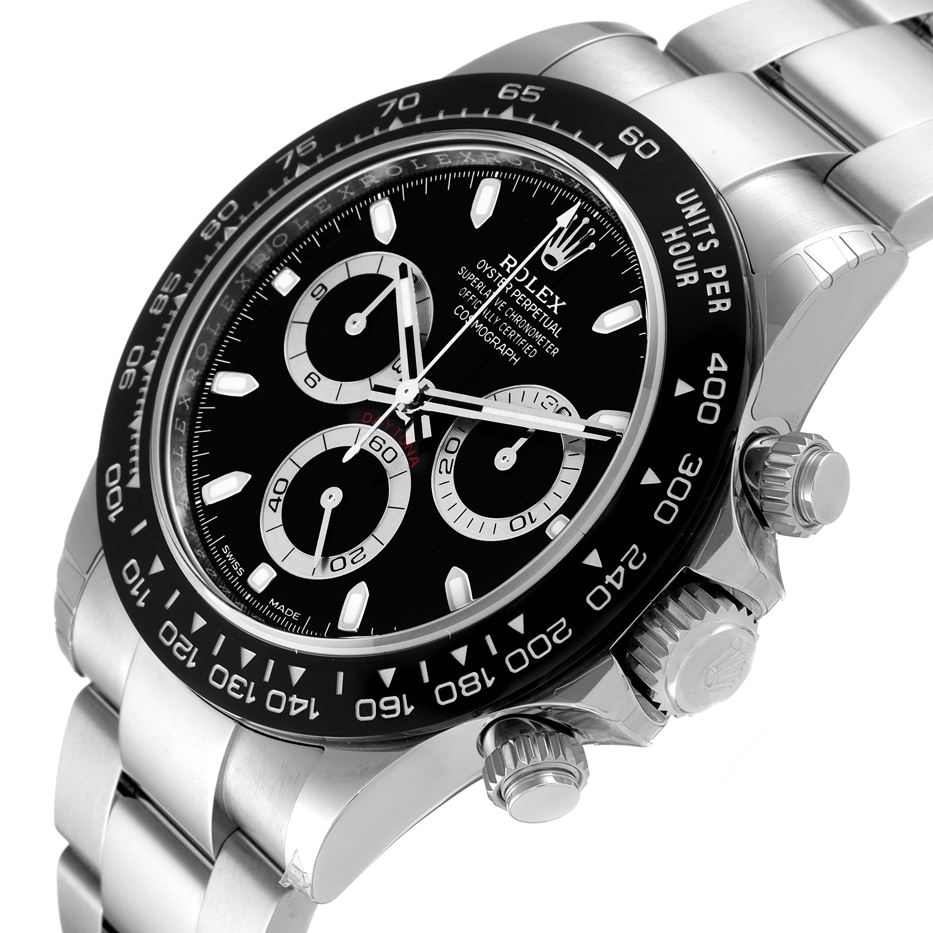 The image shows a close-up of the Rolex Daytona 116500 Men
s Stainless Steel Black Dial 116500 Men
s Stainless Steel Black Dial watch, highlighting the chronograph sub-dials, bezel, and crown.