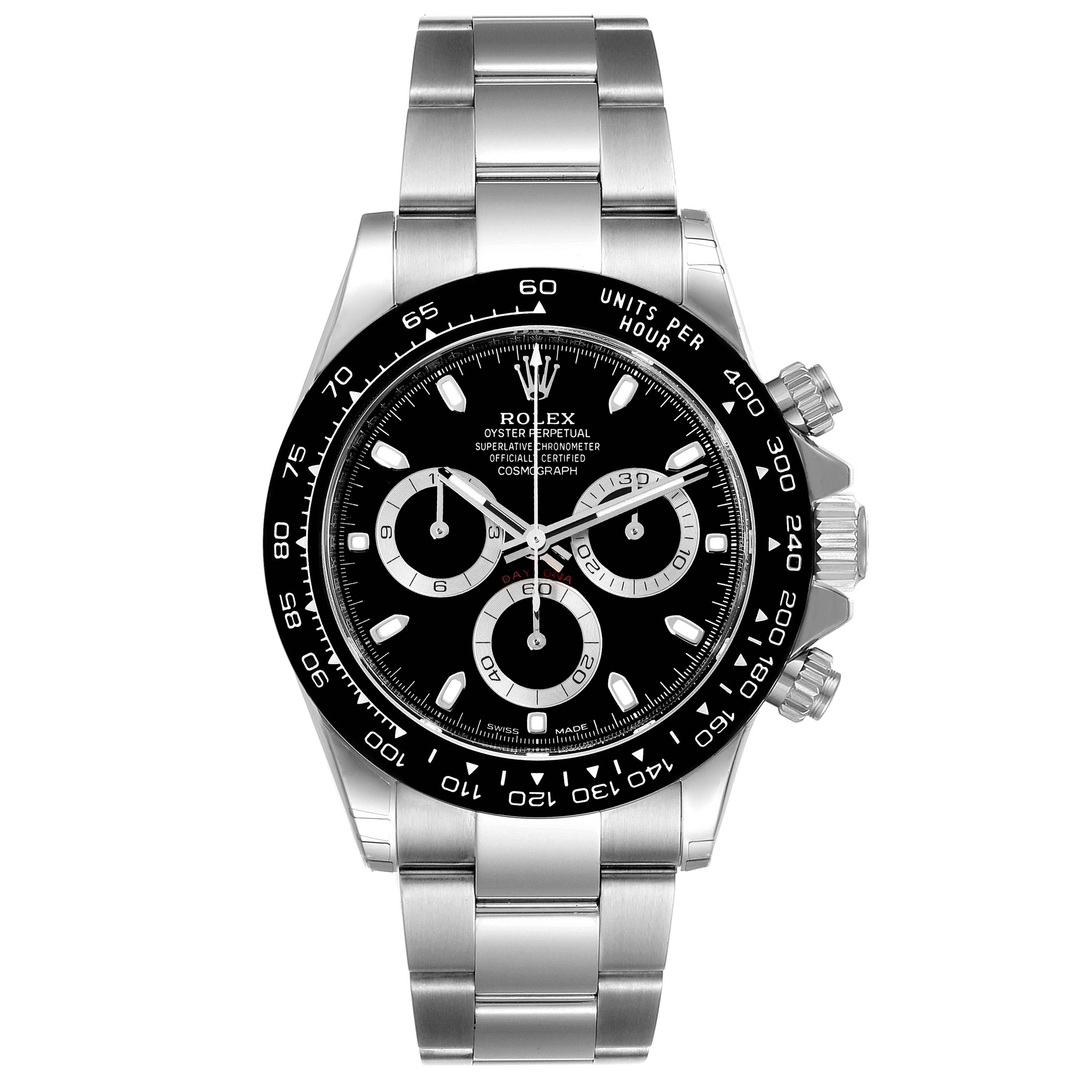 The image shows a frontal view of a Rolex Daytona 116500 Men
s Stainless Steel Black Dial 116500 Men
s Stainless Steel Black Dial watch, displaying the face, bezel, pushers, and bracelet.