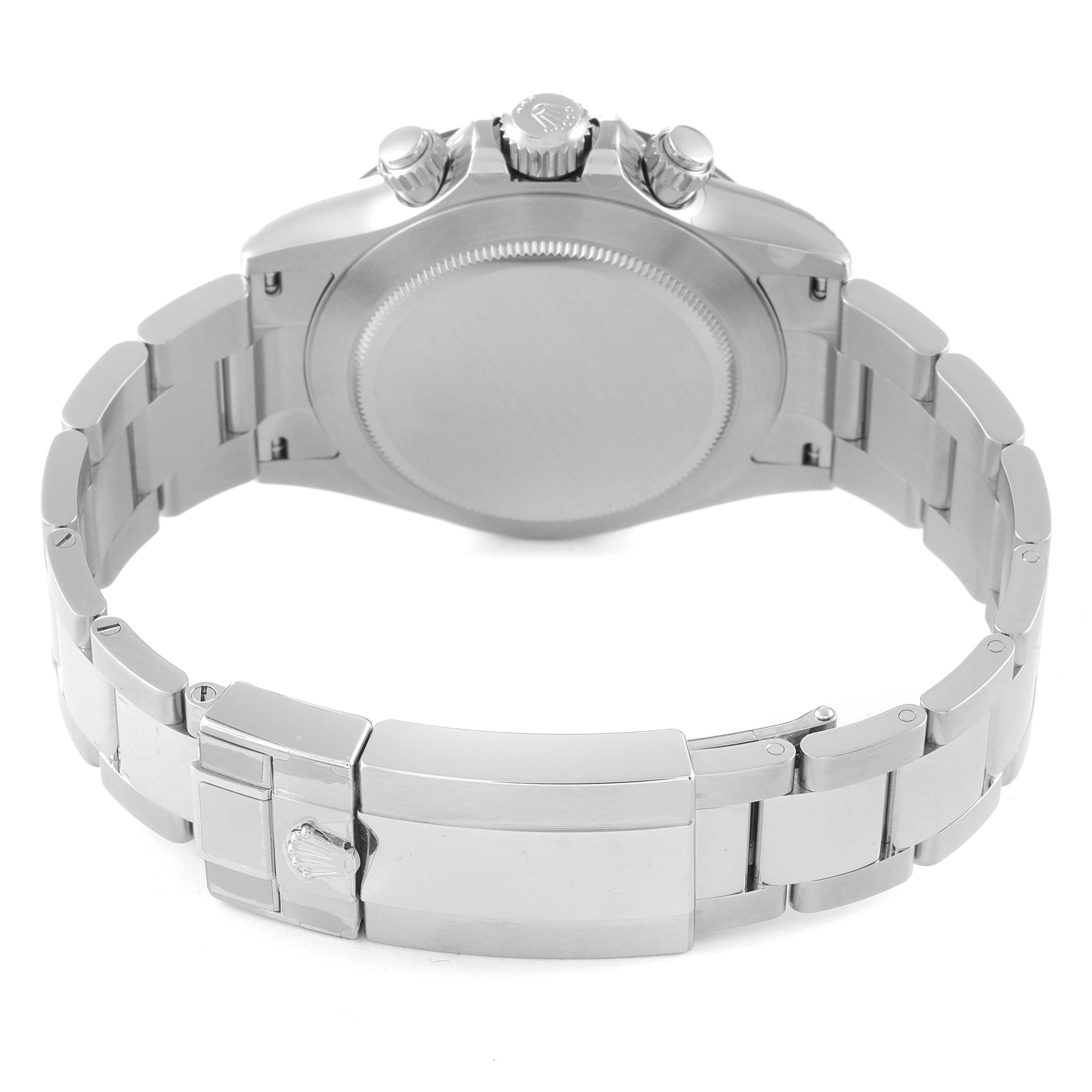 The image shows the back view of a Rolex Daytona 116500 Men
s Stainless Steel Black Dial 116500 Men
s Stainless Steel Black Dial watch, highlighting the case back, bracelet, clasp, and crown.