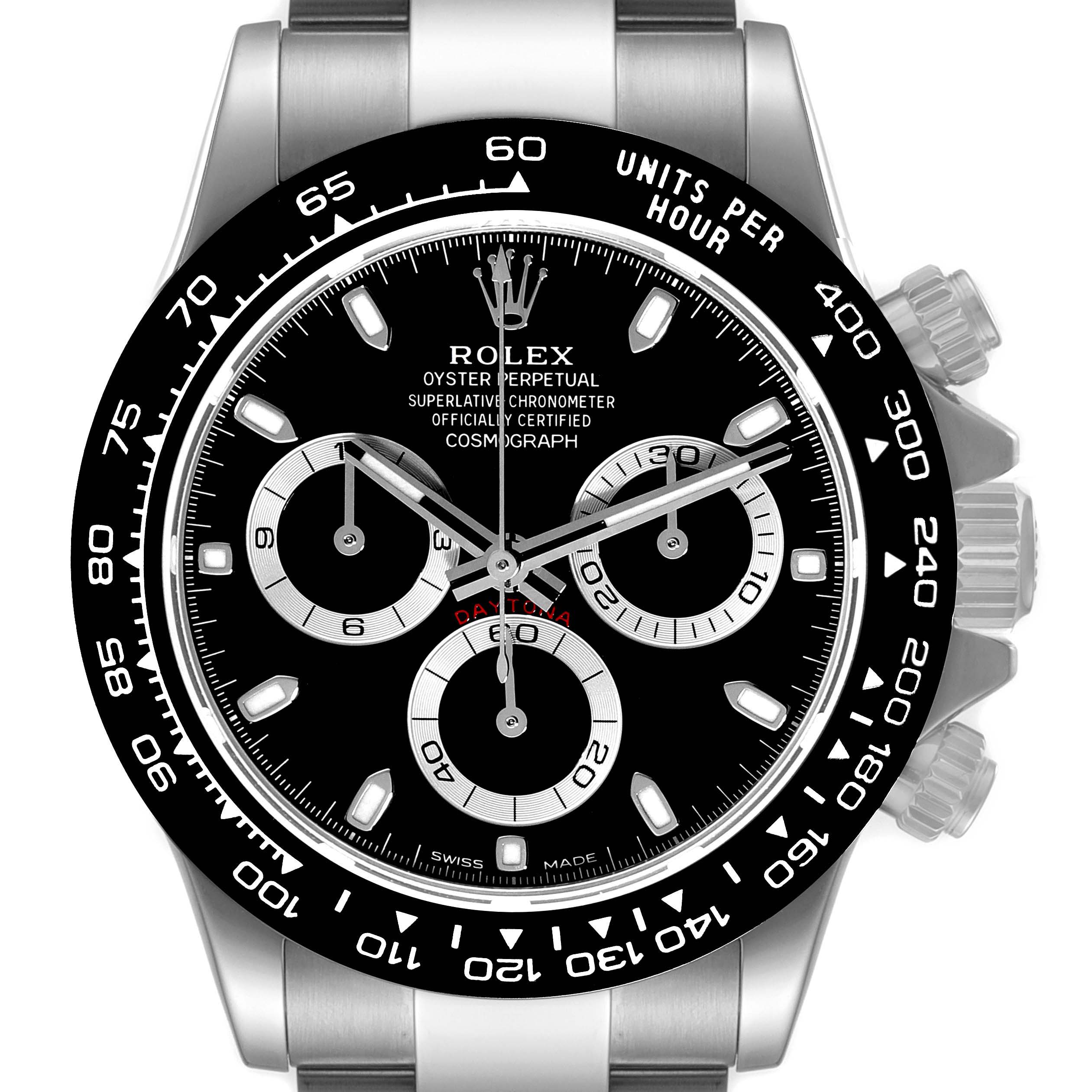 This image shows a front view of the Rolex Daytona 116500 Men
s Stainless Steel Black Dial 116500 Men
s Stainless Steel Black Dial watch, highlighting its black dial, sub-dials, and bezel with markings.