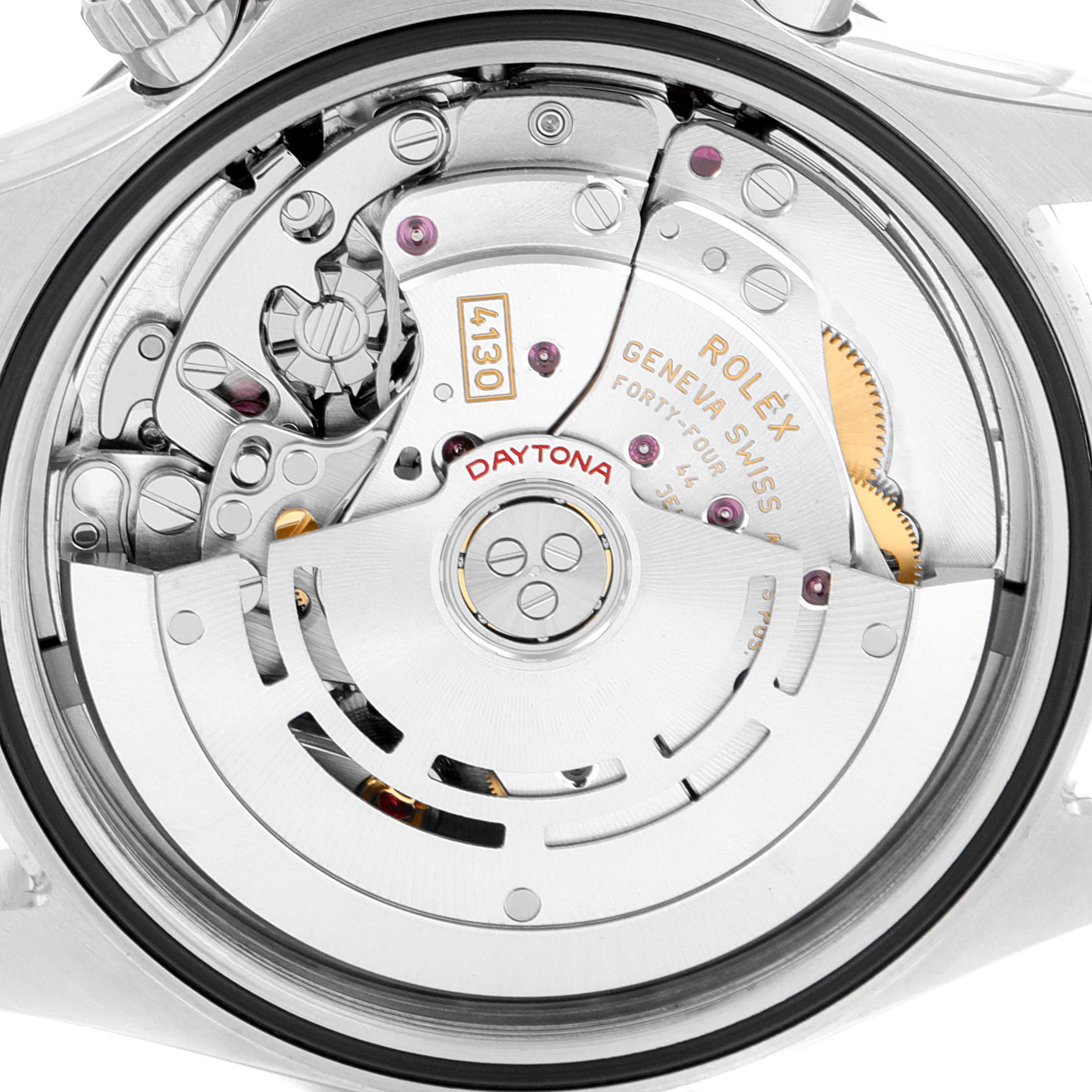 This image shows the movement and internal mechanics of a Rolex Daytona 116500 Men
s Stainless Steel Black Dial 116500 Men
s Stainless Steel Black Dial watch from the back.