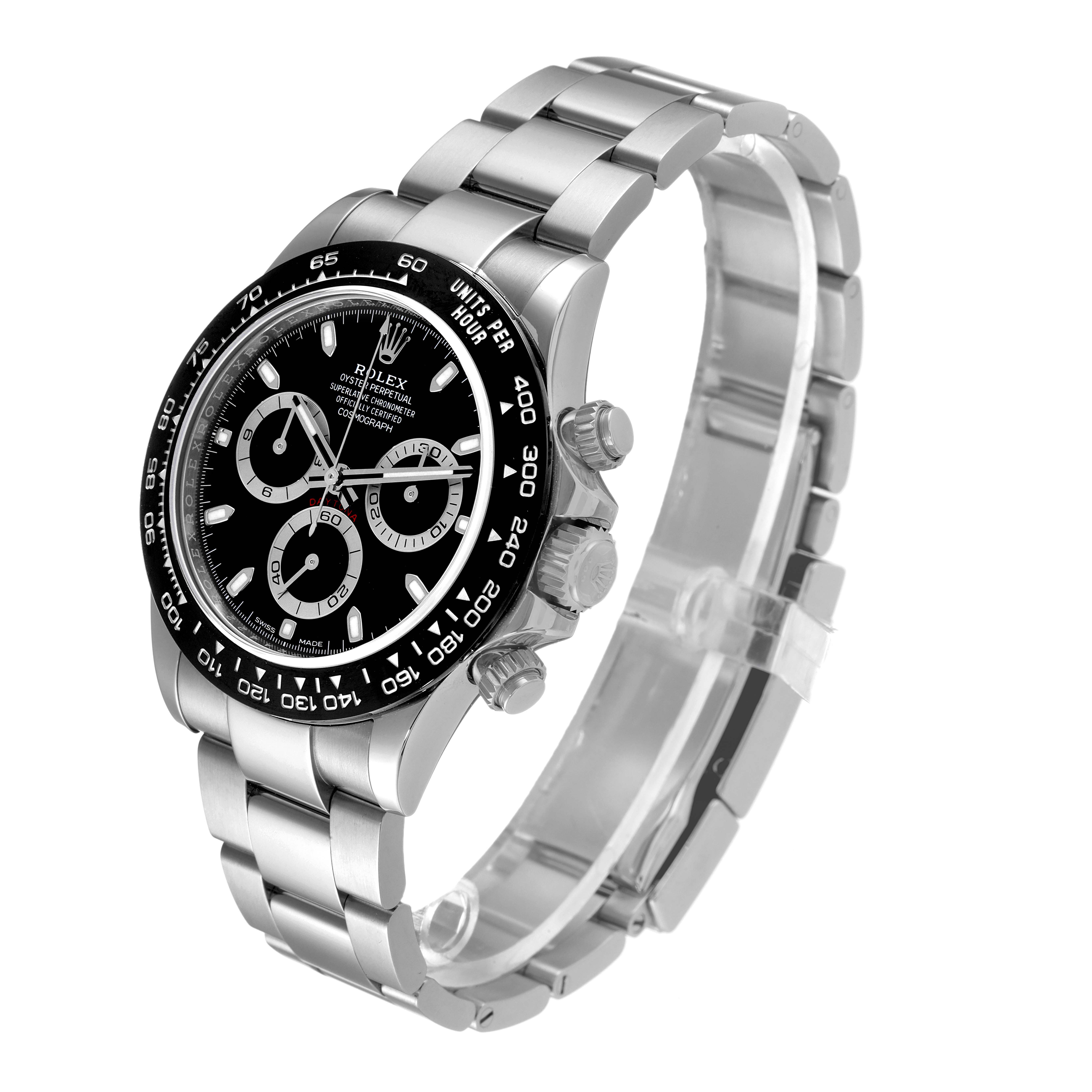 The image shows a Rolex Daytona 116500 Men
s Stainless Steel Black Dial 116500 Men
s Stainless Steel Black Dial watch from a left-side angle, highlighting the bezel, dial, bracelet, and chronograph buttons.