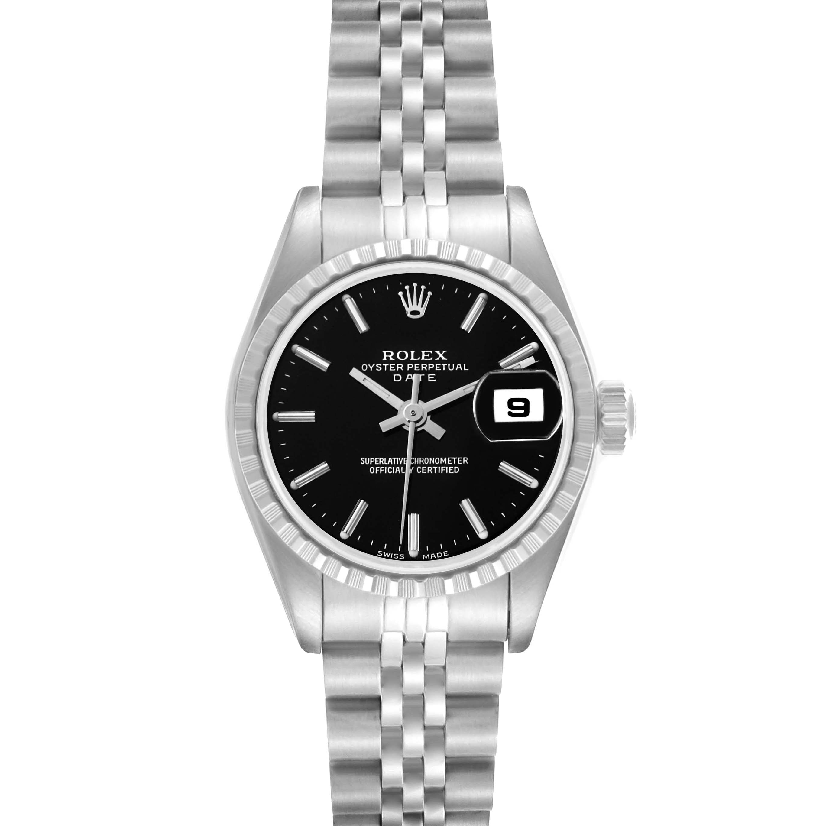 The Rolex Date 79240 Women's Stainless Steel Black Dial 79240 Women's Stainless Steel Black Dial model is shown from the front, displaying its black dial, date window, and Jubilee bracelet.