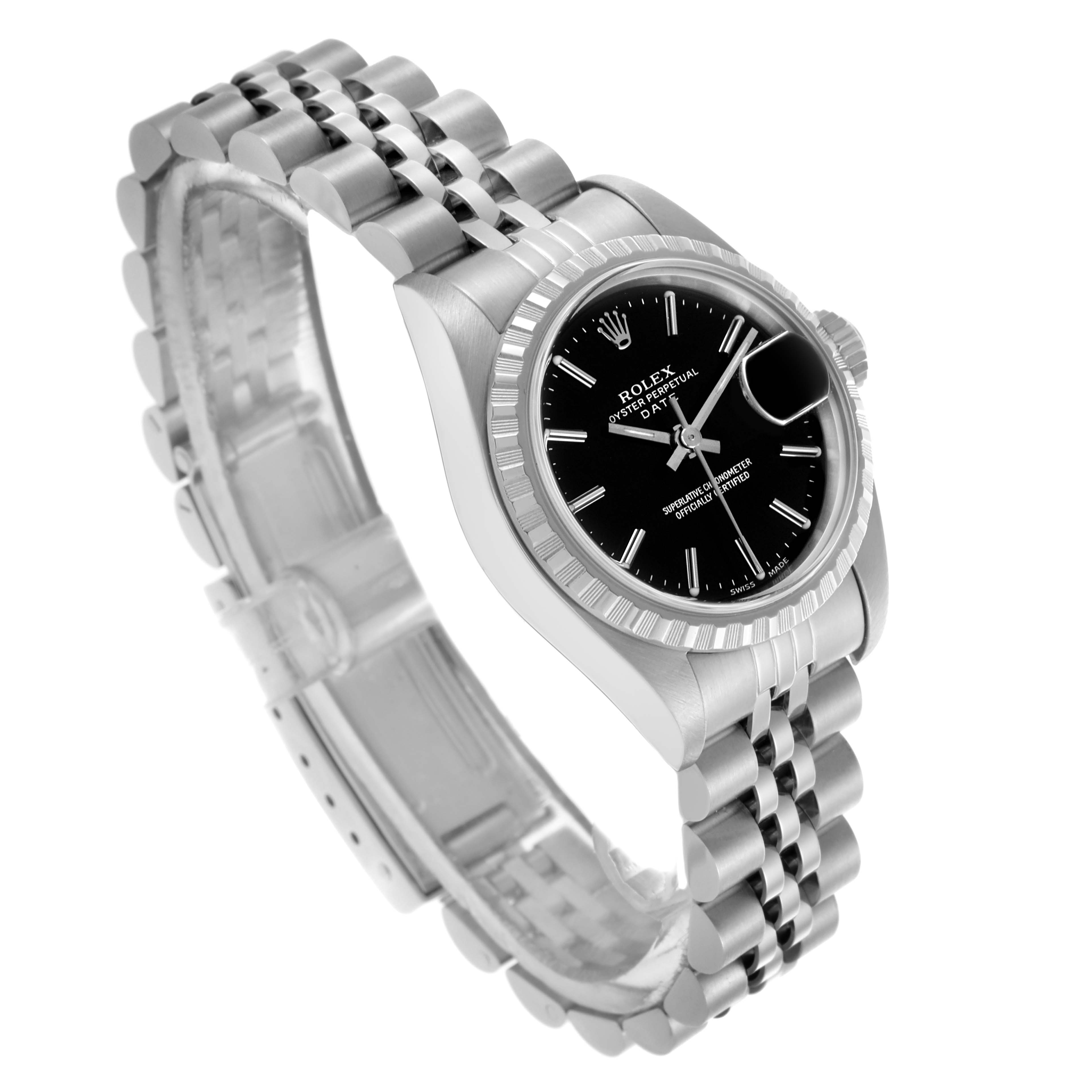 The Rolex Date 79240 Women's Stainless Steel Black Dial 79240 Women's Stainless Steel Black Dial watch is shown at a three-quarter angle, displaying the bracelet, case, bezel, dial, and crown.