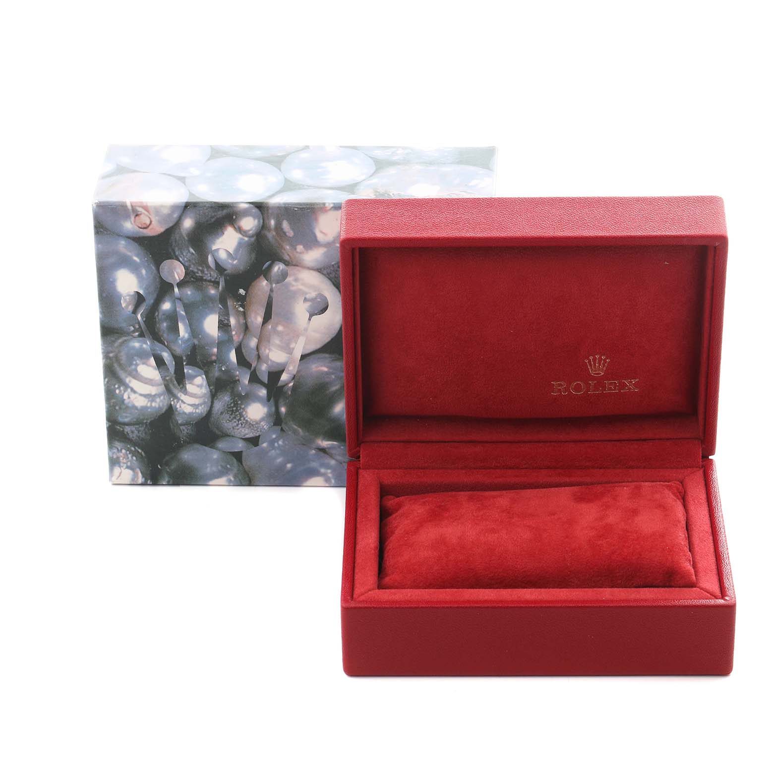 The image shows a Rolex Date 79240 Women's Stainless Steel Black Dial 79240 Women's Stainless Steel Black Dial model accessory, featuring an open red watch box and an outer box decorated with a pearl pattern.